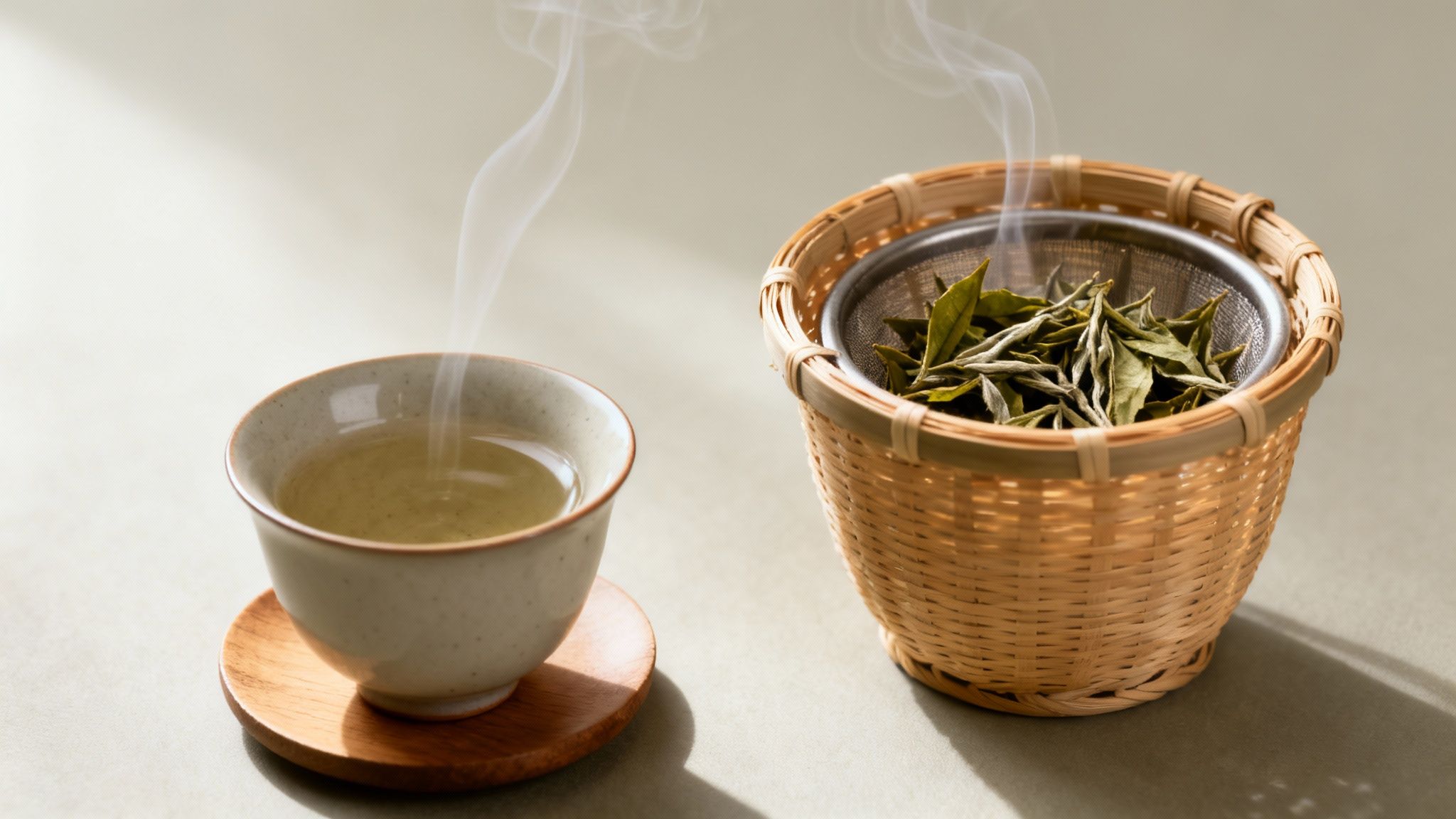 Steaming cup of green tea on a coaster next to a bamboo basket with dried tea leaves.