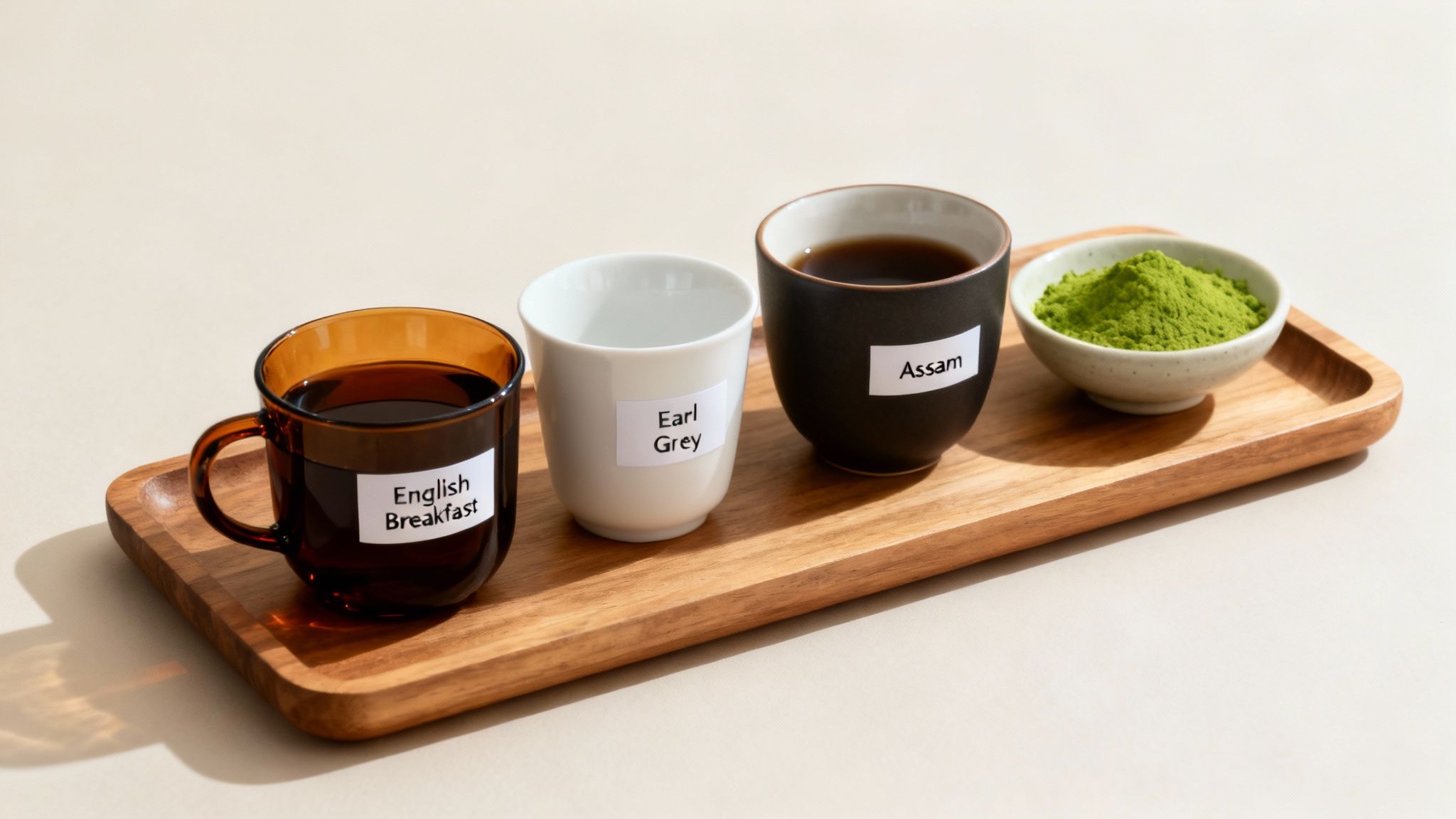 A collection of popular tea varieties including black, green, matcha, and herbal teas displayed in small bowls.