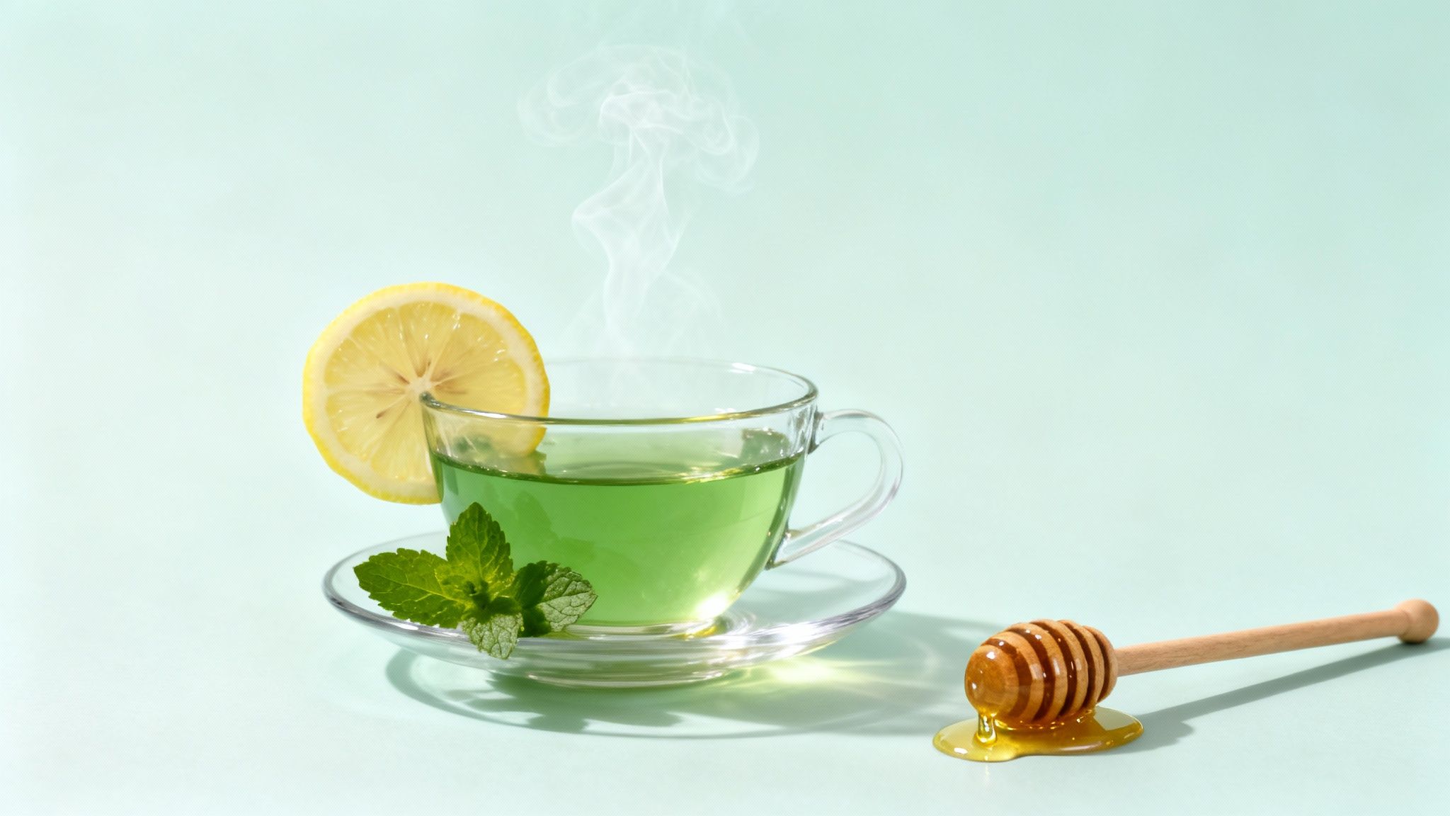 A cup of customised green tea with a slice of lemon and mint.
