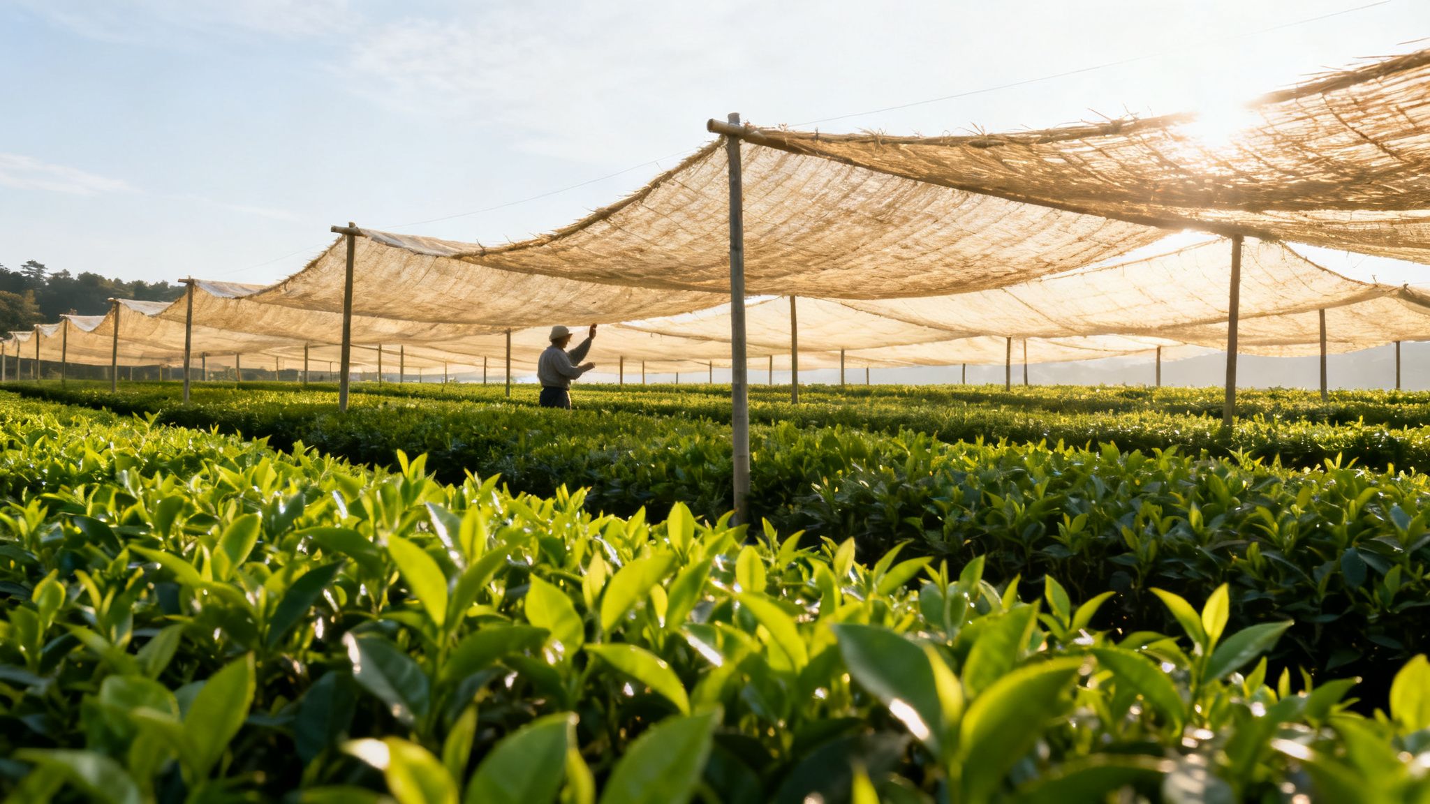 A worker tends to rows of vibrant green tea plants under shading nets, bathed in warm sunlight.