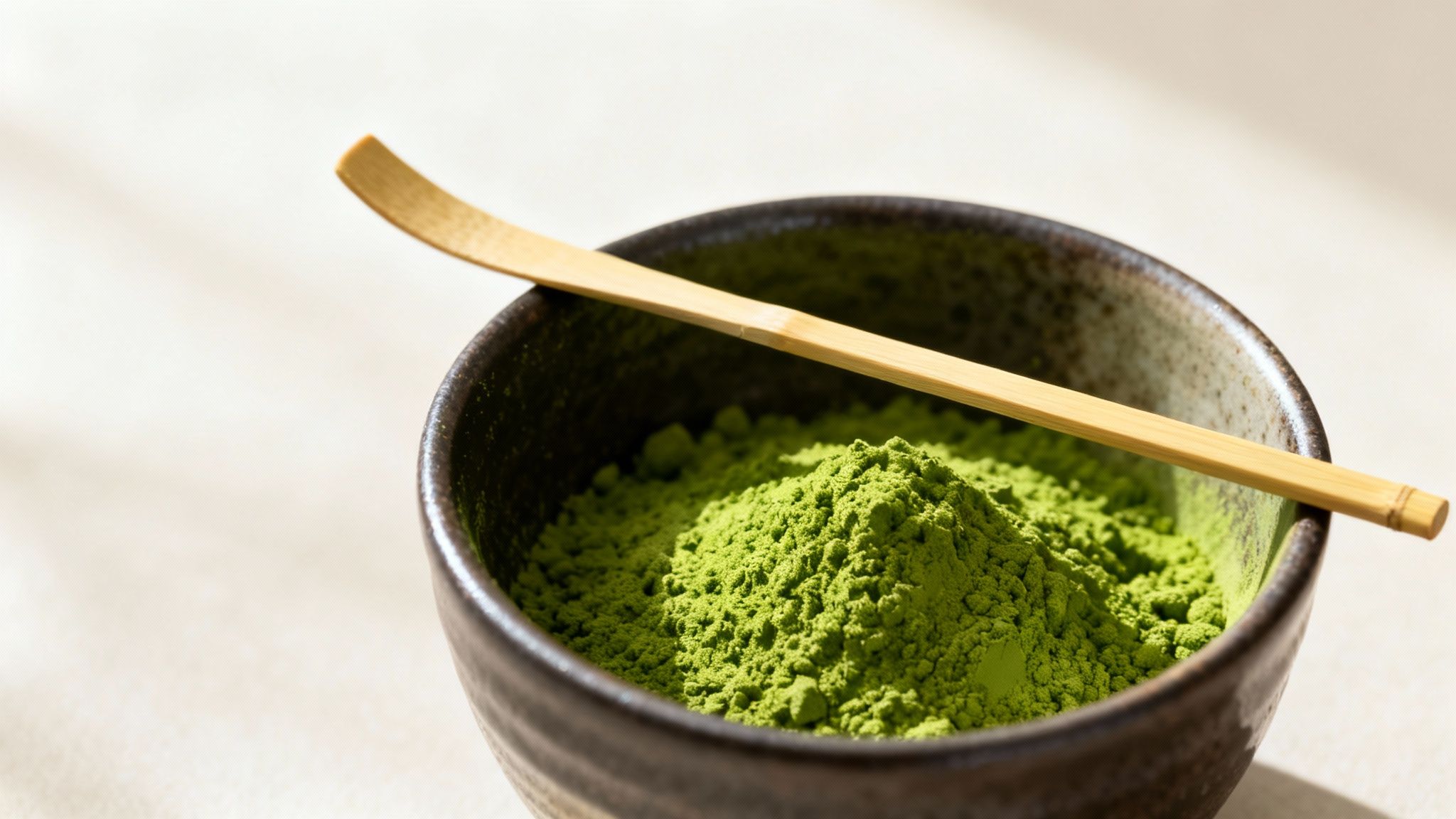 A dark ceramic bowl holds vibrant green matcha powder with a bamboo scoop resting on its edge.