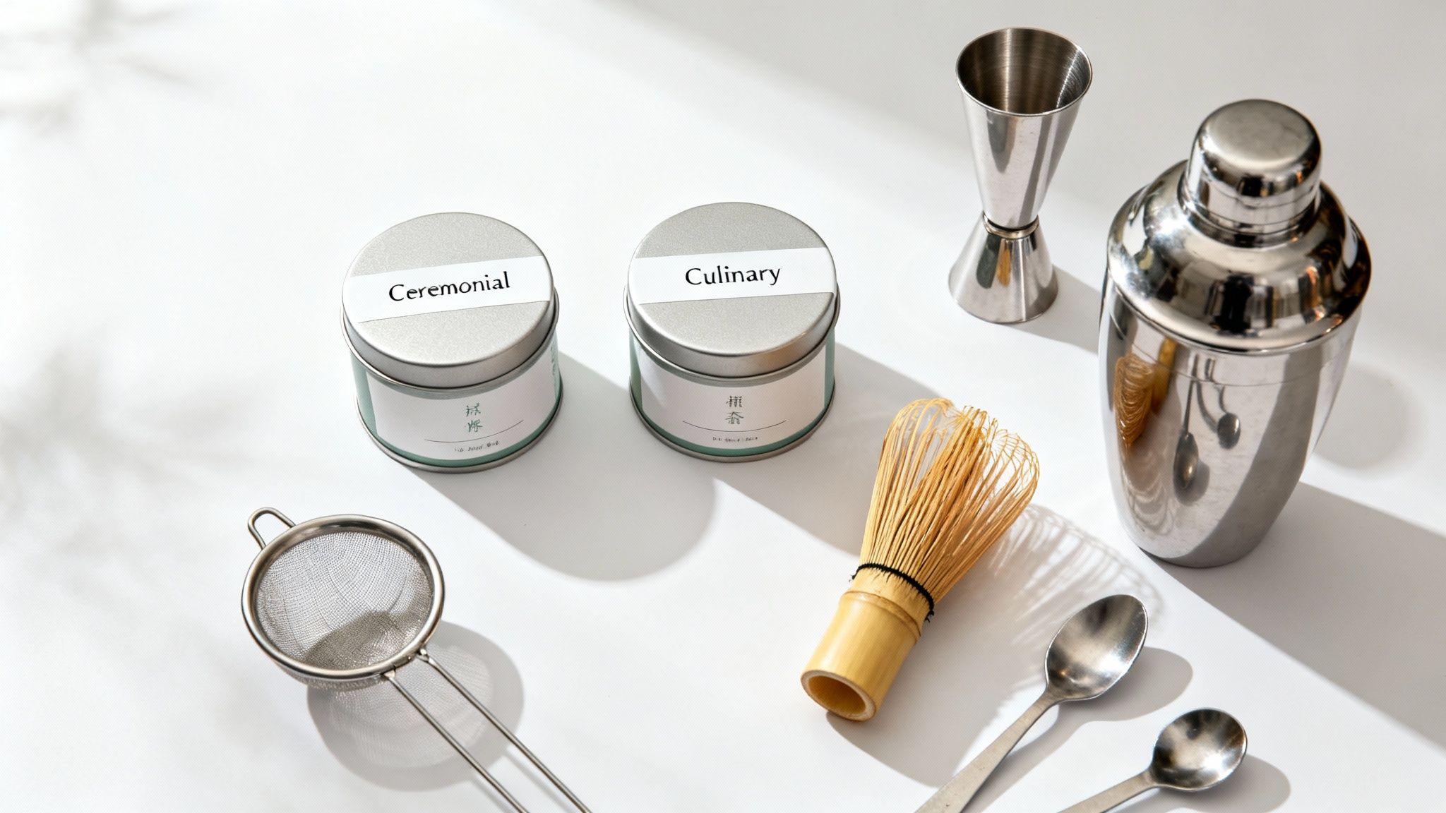 Flat lay of matcha tea and cocktail tools: ceremonial and culinary matcha tins, whisk, shaker, jigger, and spoons.