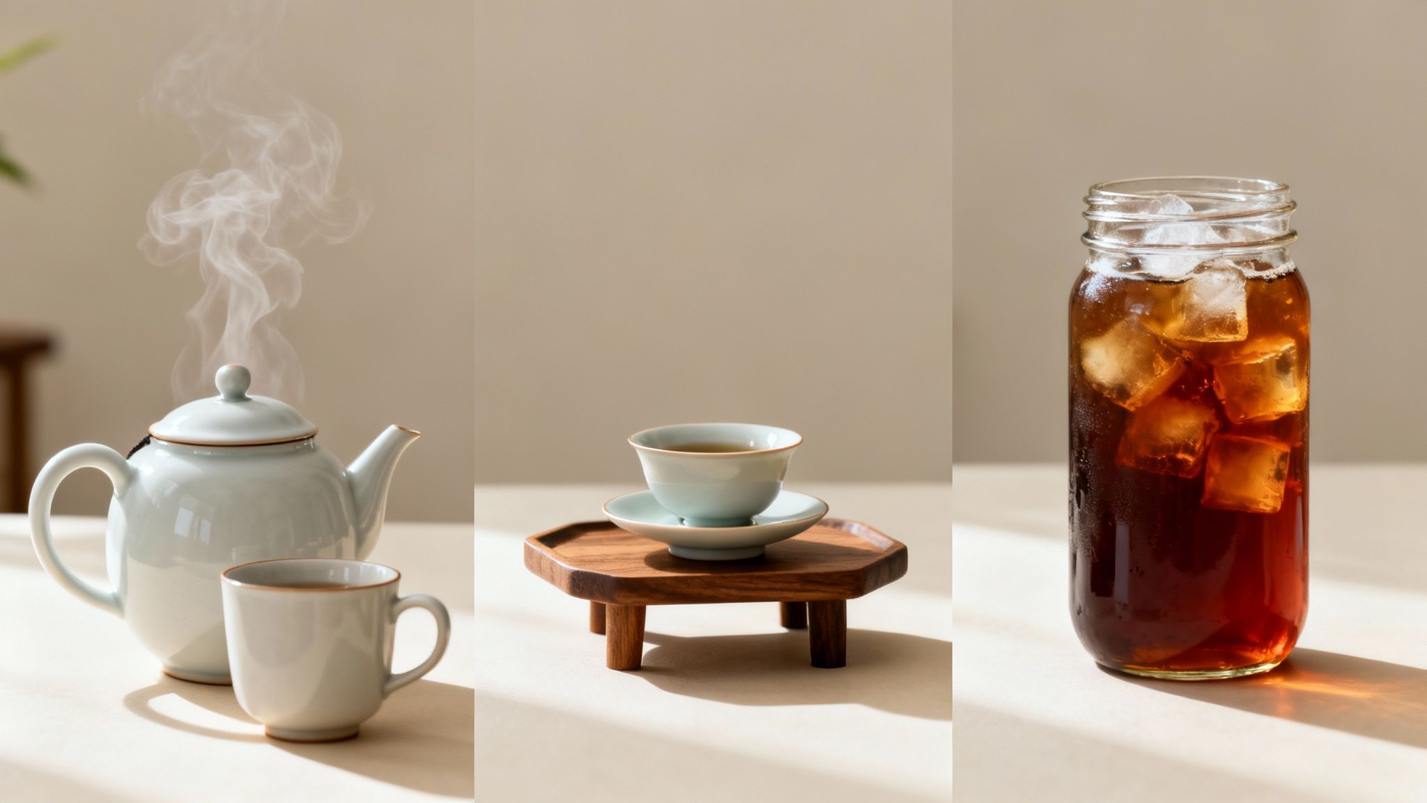 Three images displaying tea: a steaming teapot with a cup, a small teacup on a stand, and a glass of iced tea.