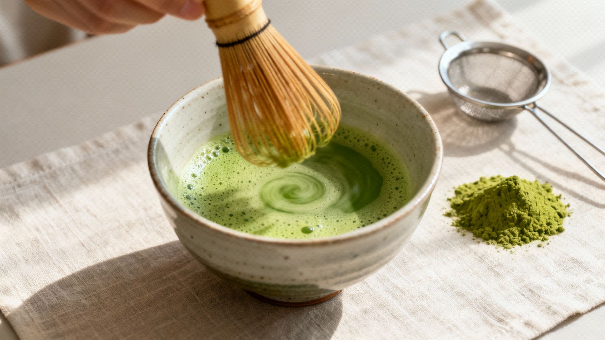 A hand uses a bamboo whisk to prepare vibrant green matcha tea in a ceramic bowl, with powder nearby.