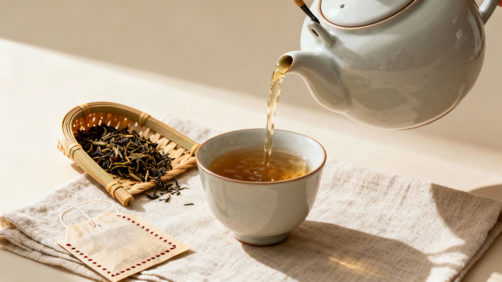 Teapot pouring golden tea into a cup, with loose tea leaves and a handcrafted tea bag.