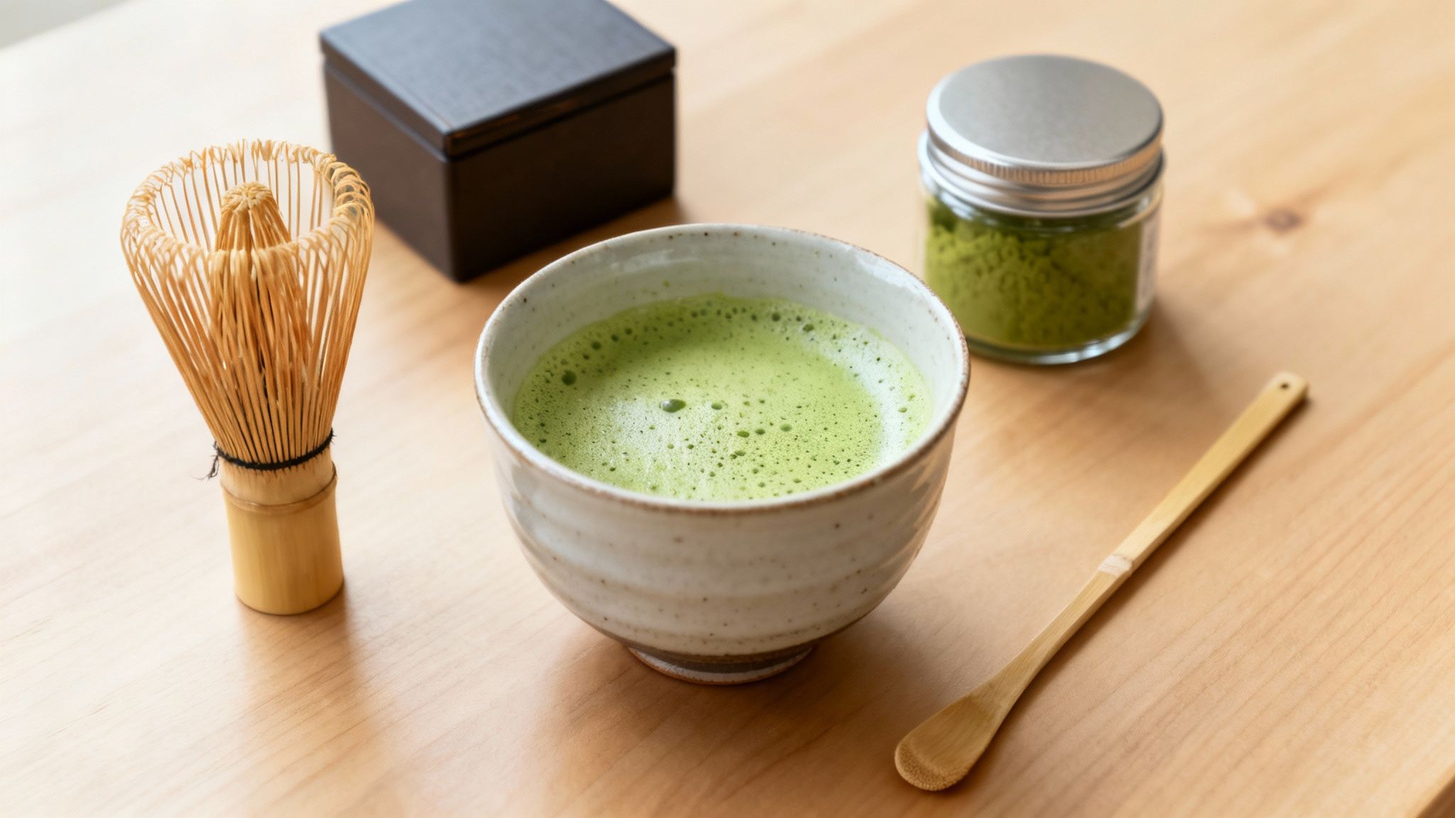 A traditional Japanese matcha tea set on a wooden table, including a whisk, scoop, and powder.