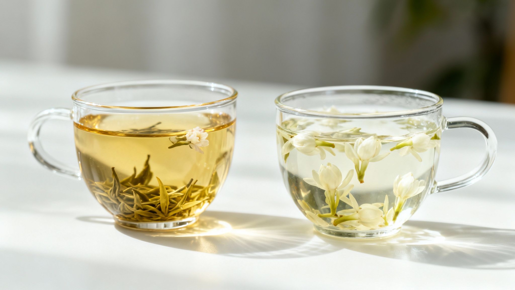 A delicate white tea being poured into a traditional cup, with oolong leaves nearby.