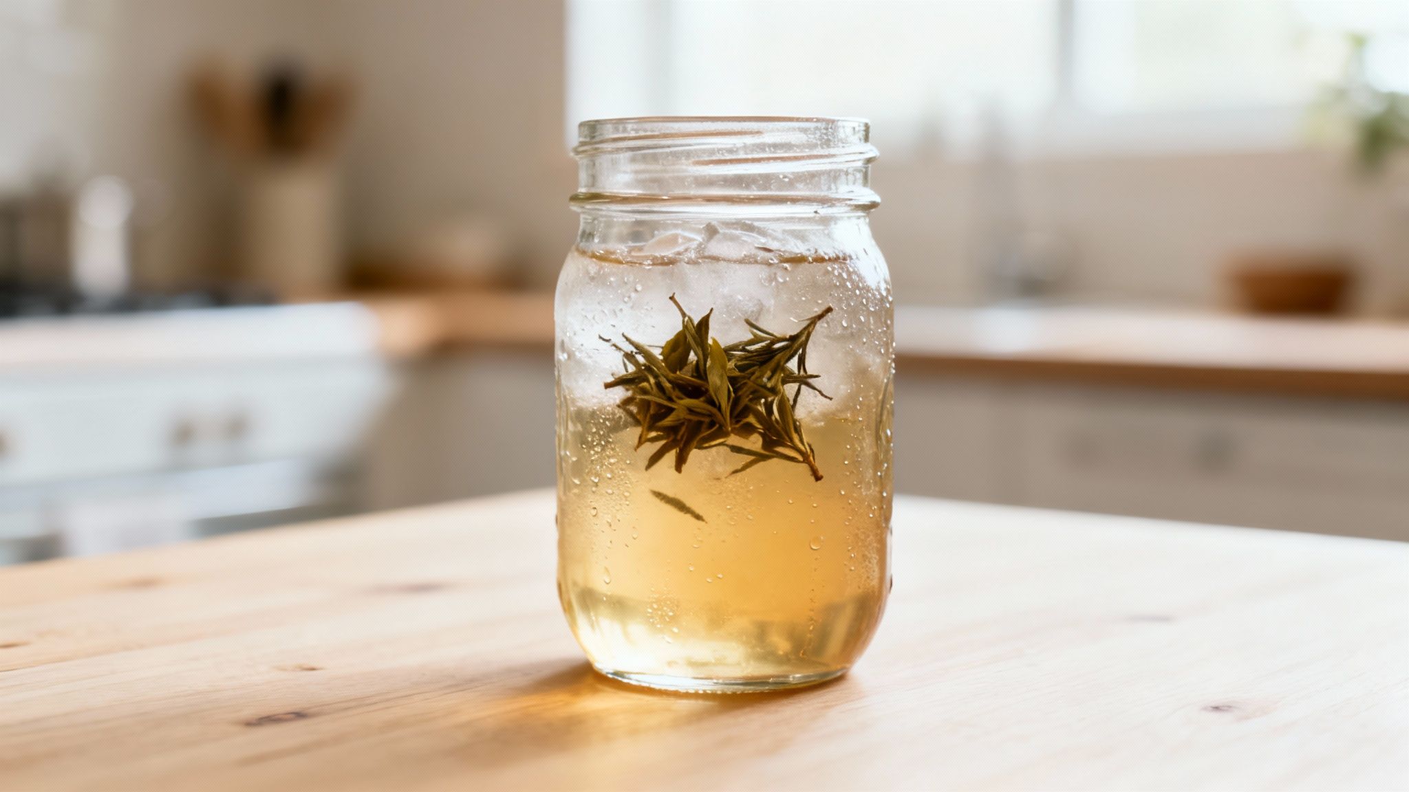 A cold tea infusion with ice and green leaves in a mason jar on a wooden table.