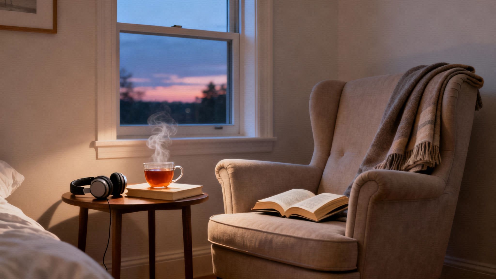 A woman peacefully reading a book in bed with a warm cup of tea beside her.