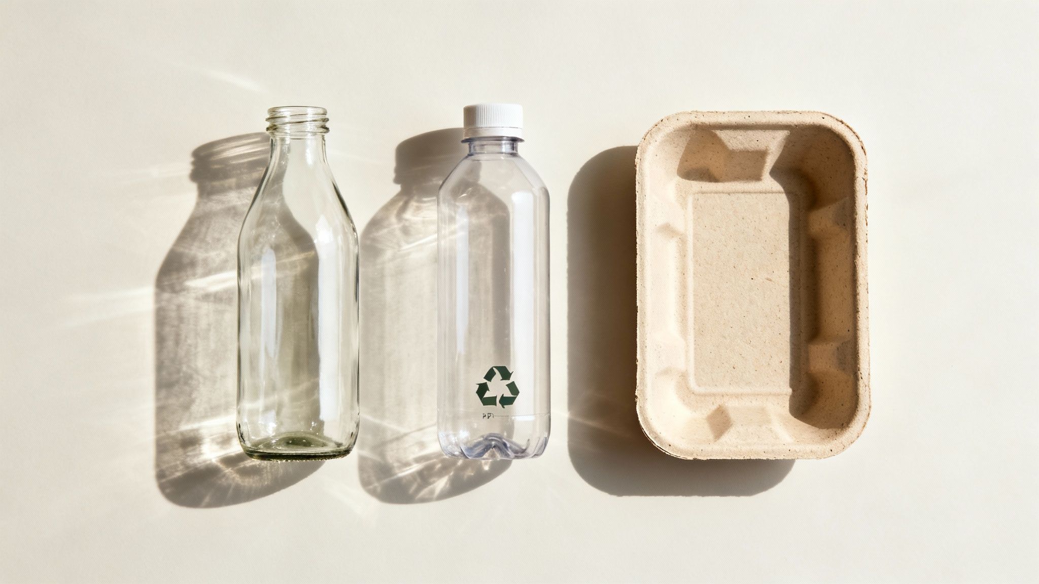 A variety of sustainable packaging materials like cardboard boxes, glass bottles, and compostable pouches are neatly arranged.