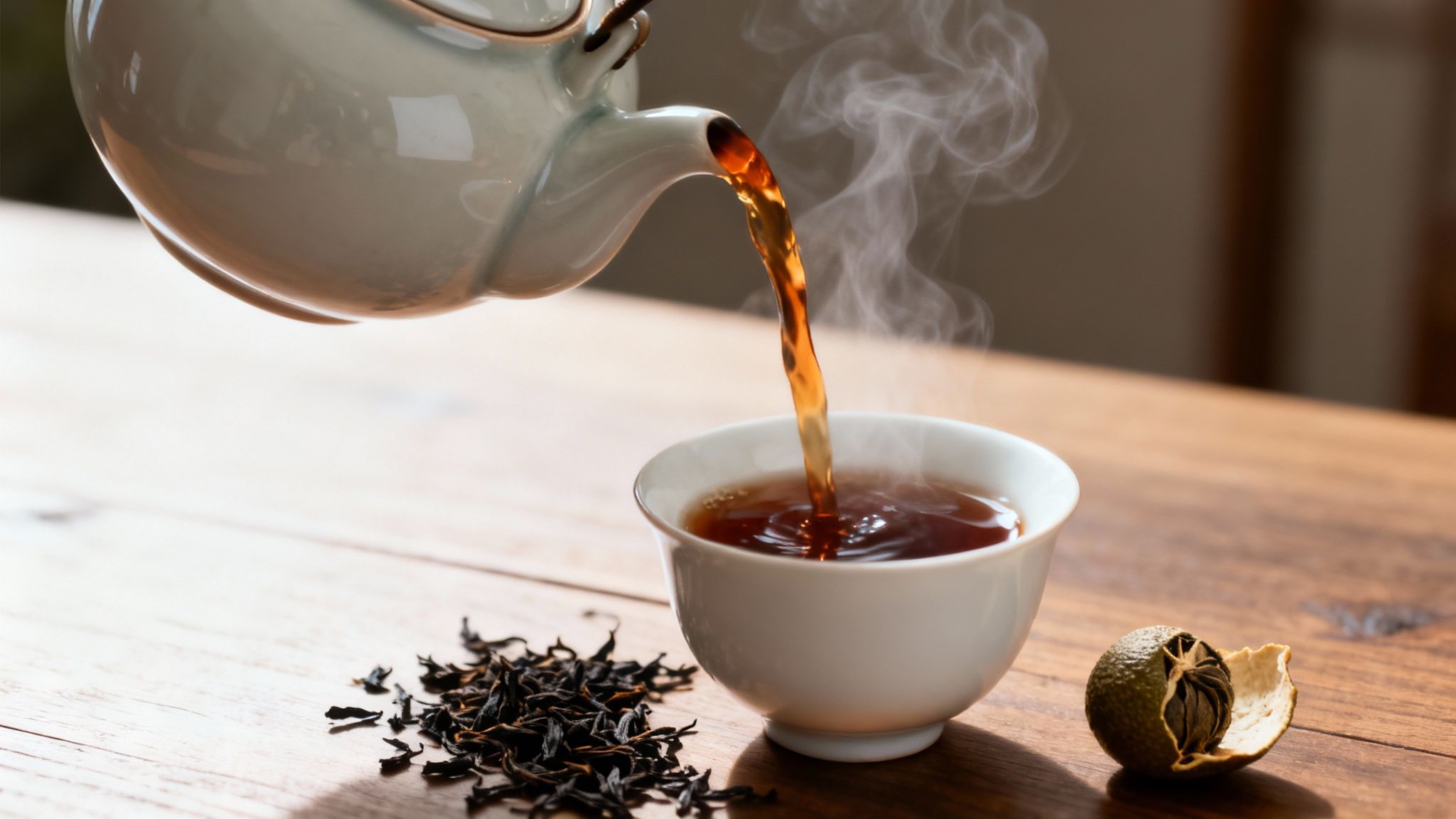 A teapot pours hot amber tea into a white cup, with loose tea leaves and a dried citrus fruit on a wooden table.