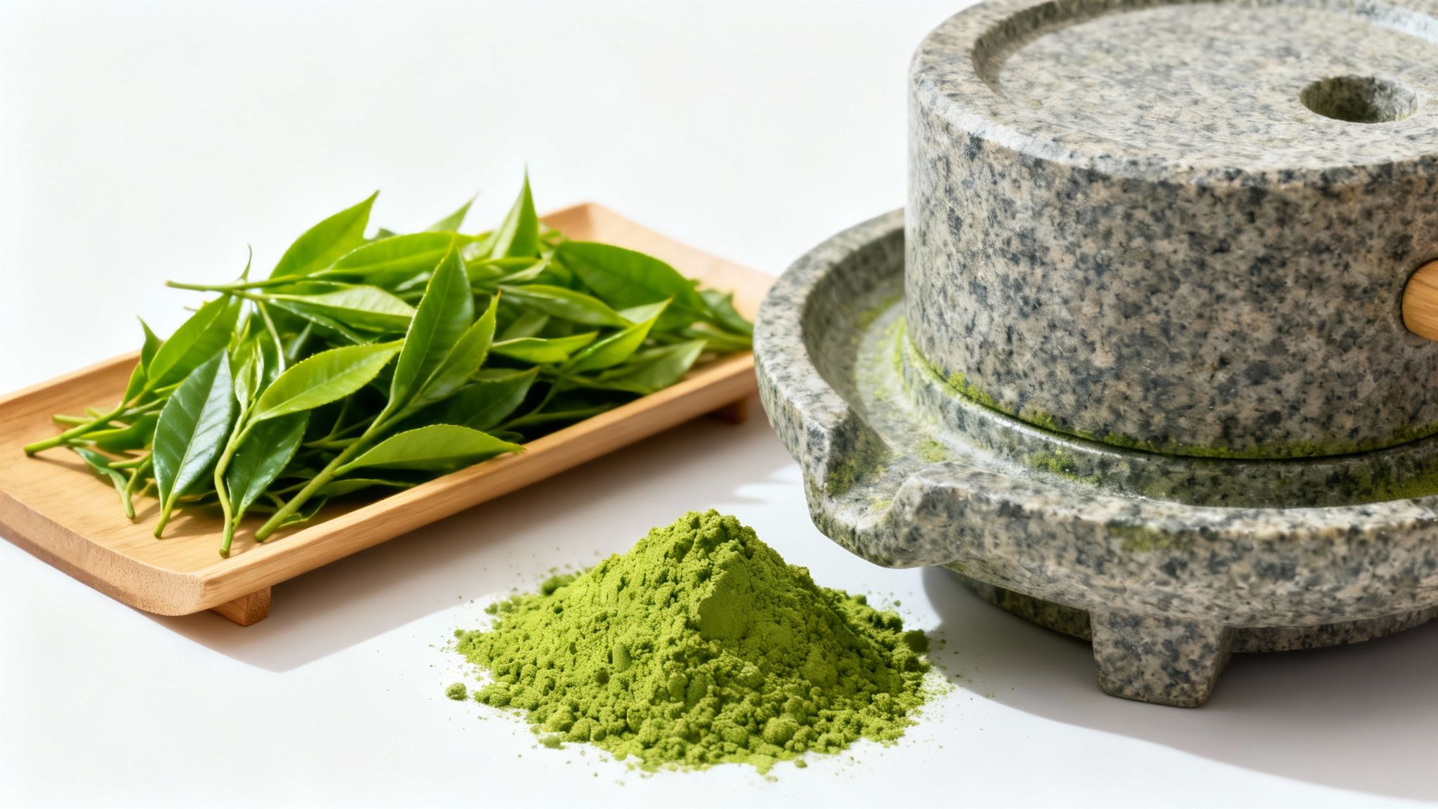 Fresh green tea leaves, vibrant matcha powder, and a traditional stone mill on a white background.