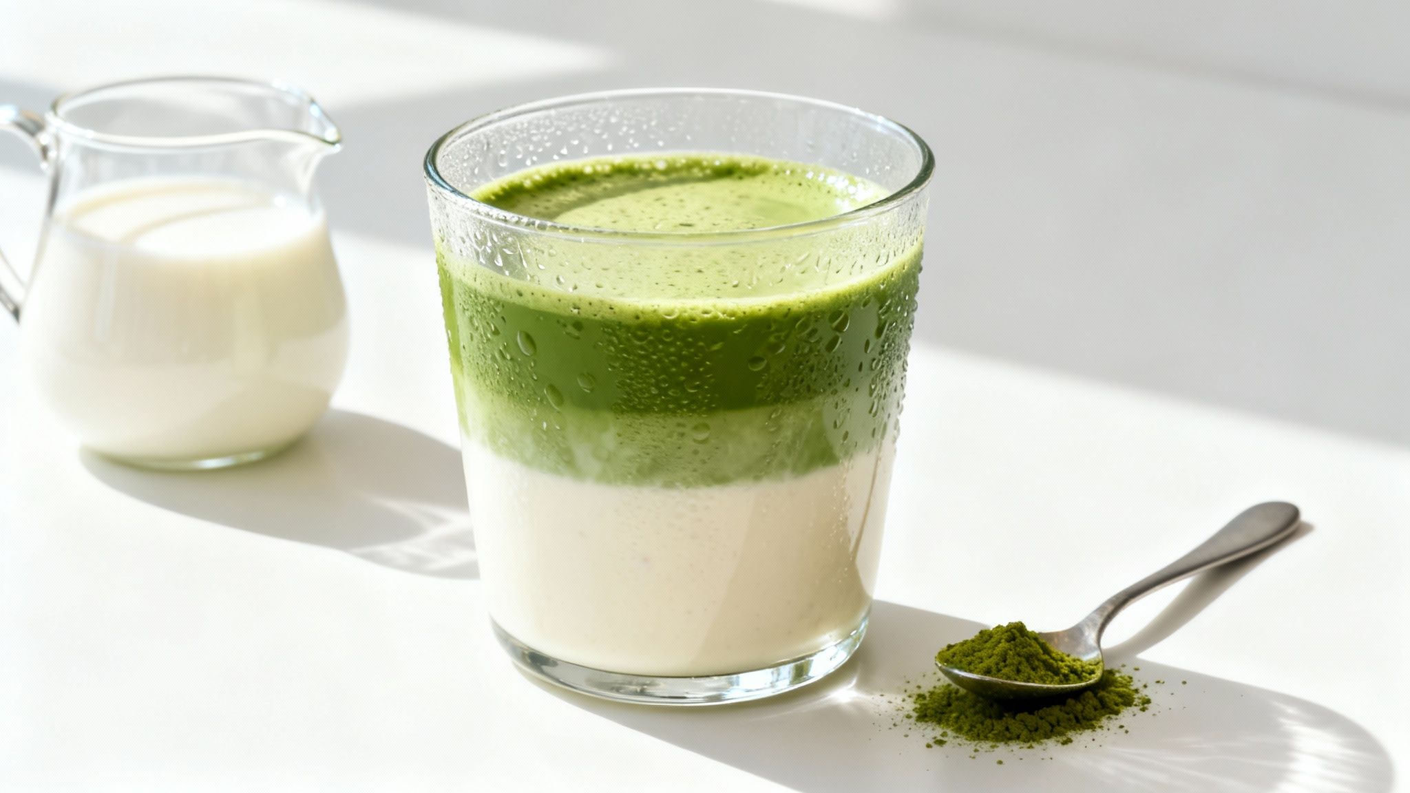 A refreshing iced layered matcha latte with milk, a pitcher of milk, and a spoon of matcha powder.