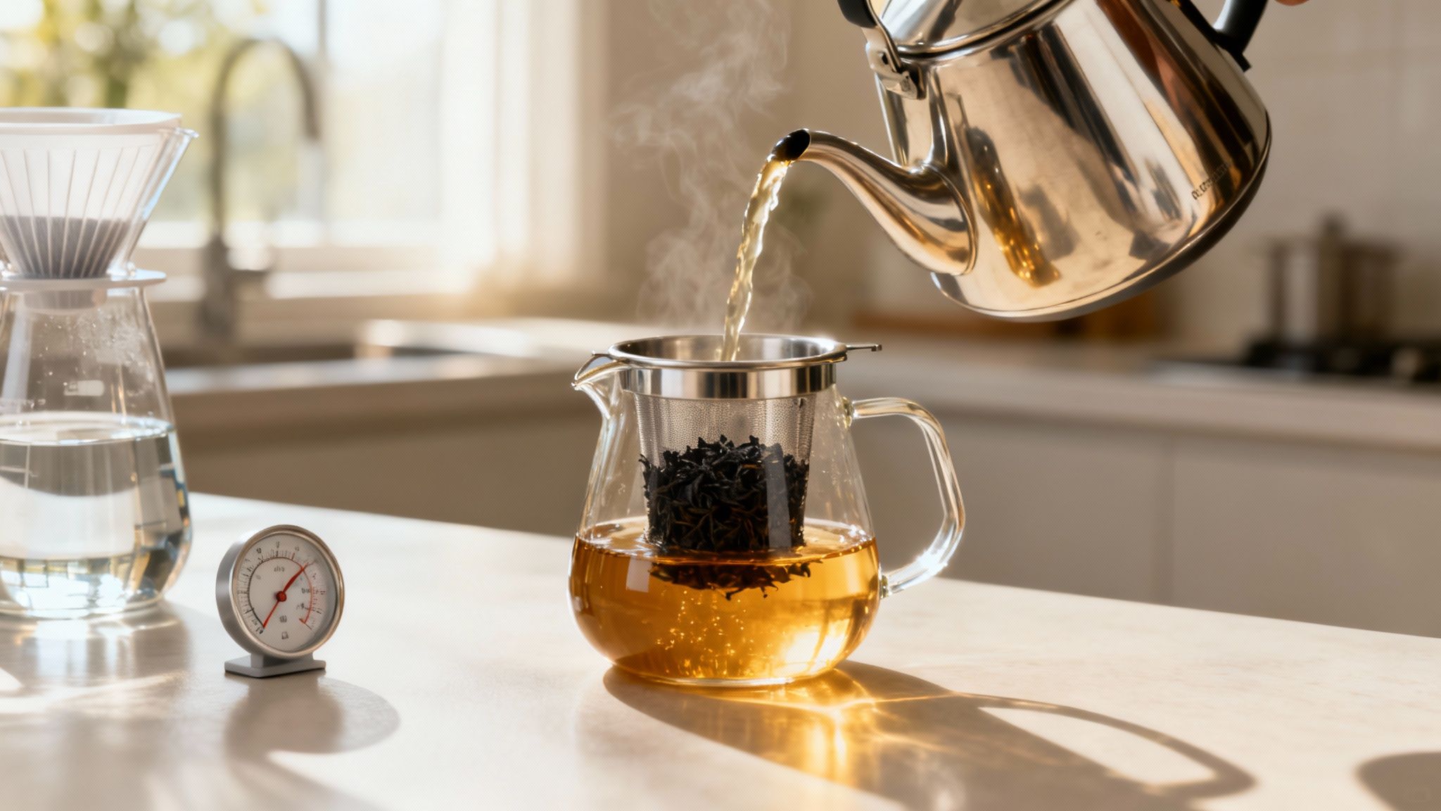 A person pours hot water from a kettle into a glass teapot with loose-leaf tea, creating steam.