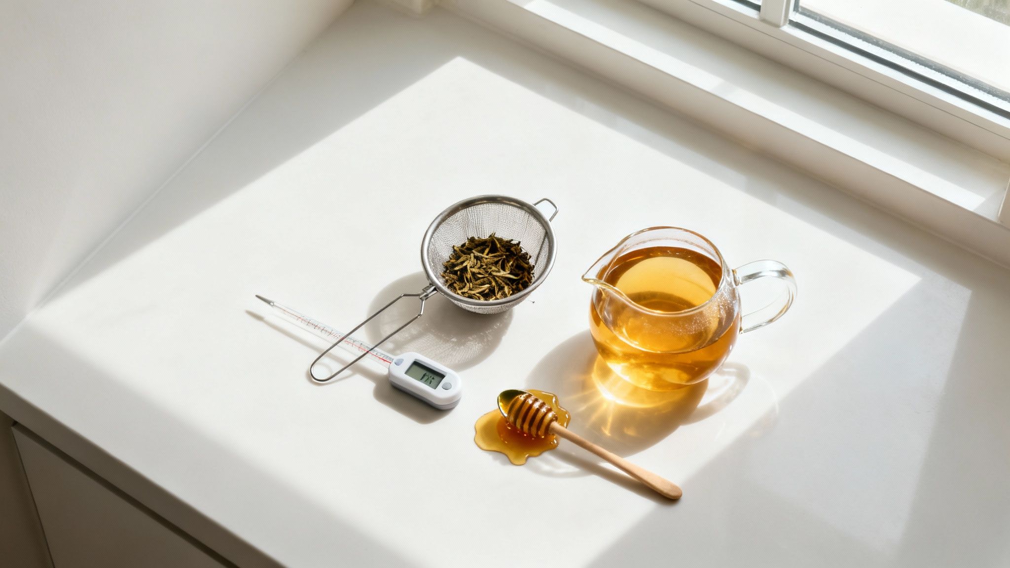 A person pouring steaming hot tea into a mug next to a teapot and some loose tea leaves.