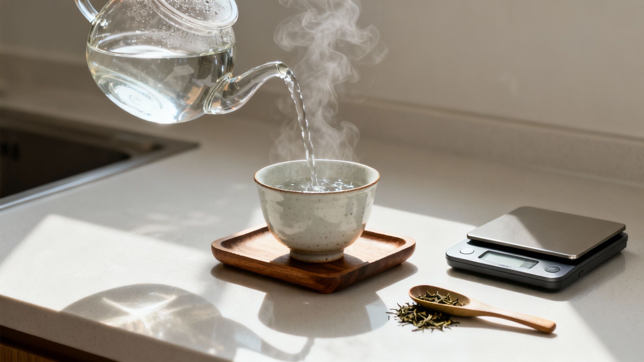 Hot water pours from a glass teapot into a ceramic teacup on a wooden coaster, next to tea leaves and a scale.