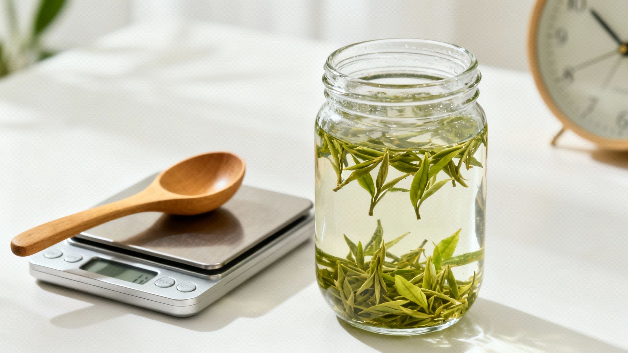 Cold brewing green tea in a glass jar, with a wooden spoon on a digital scale.