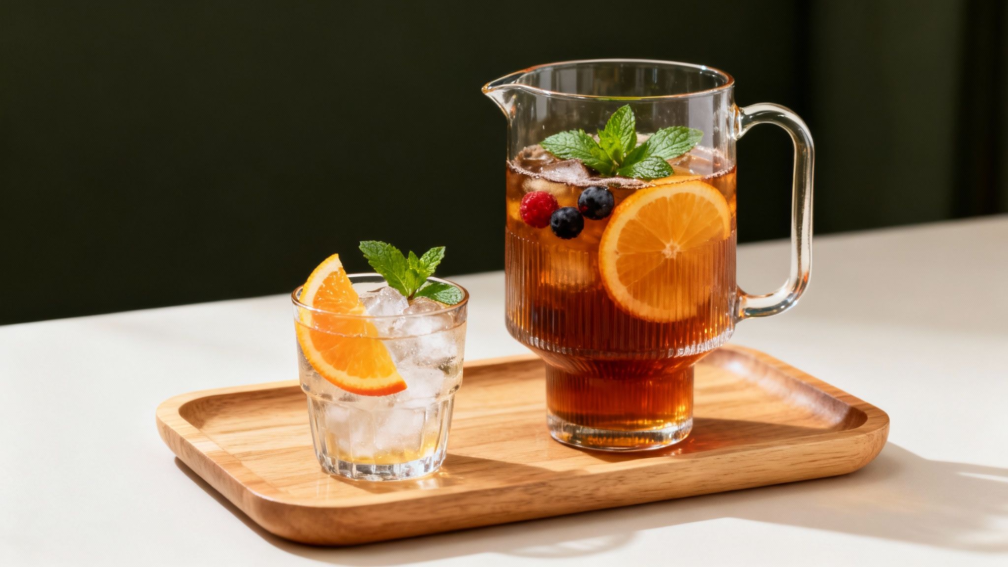 Refreshing iced tea pitcher and glass with oranges, berries, and mint on a wooden tray.