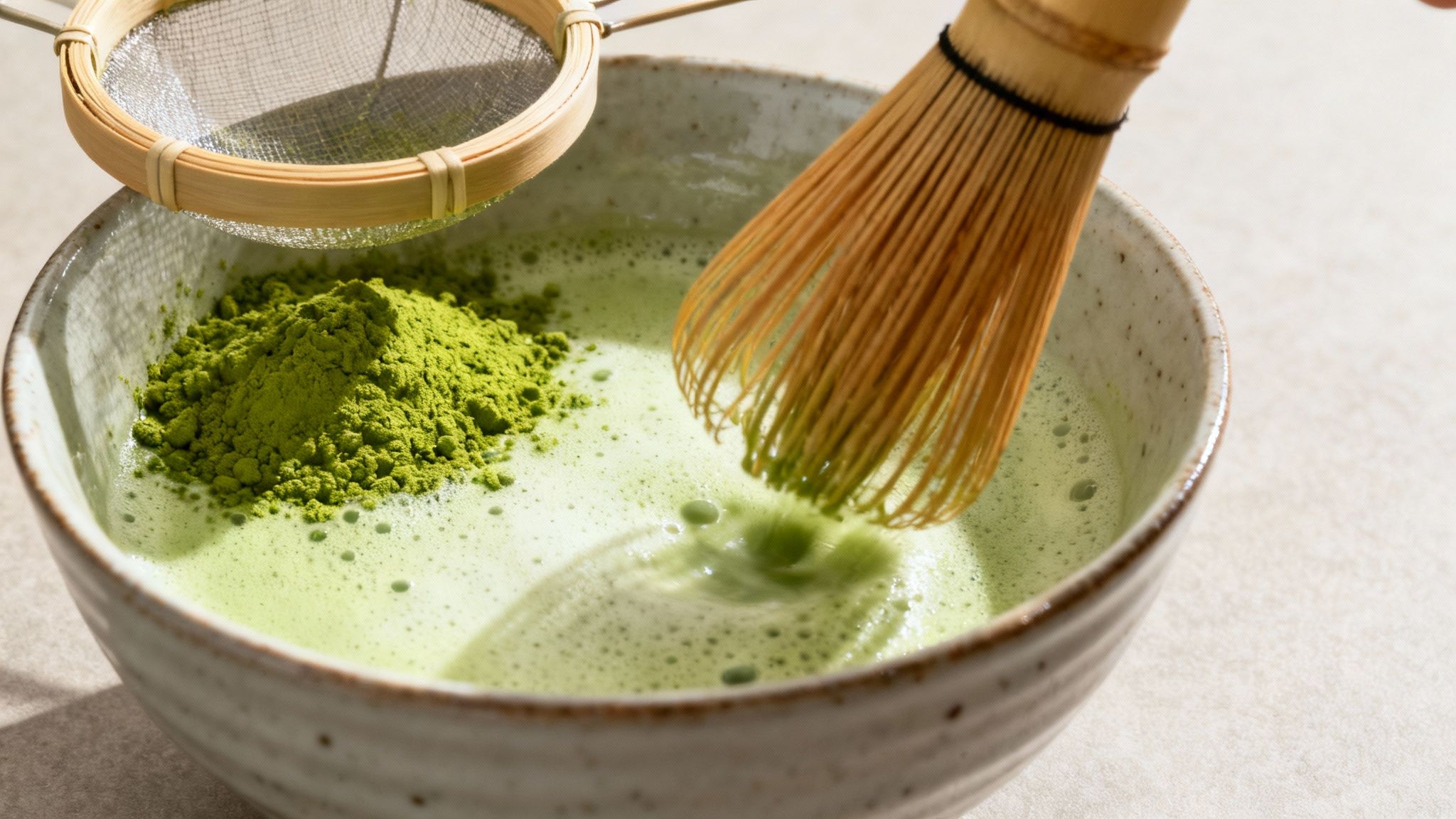 A traditional matcha preparation set, showing the bamboo whisk, bowl, and matcha powder.