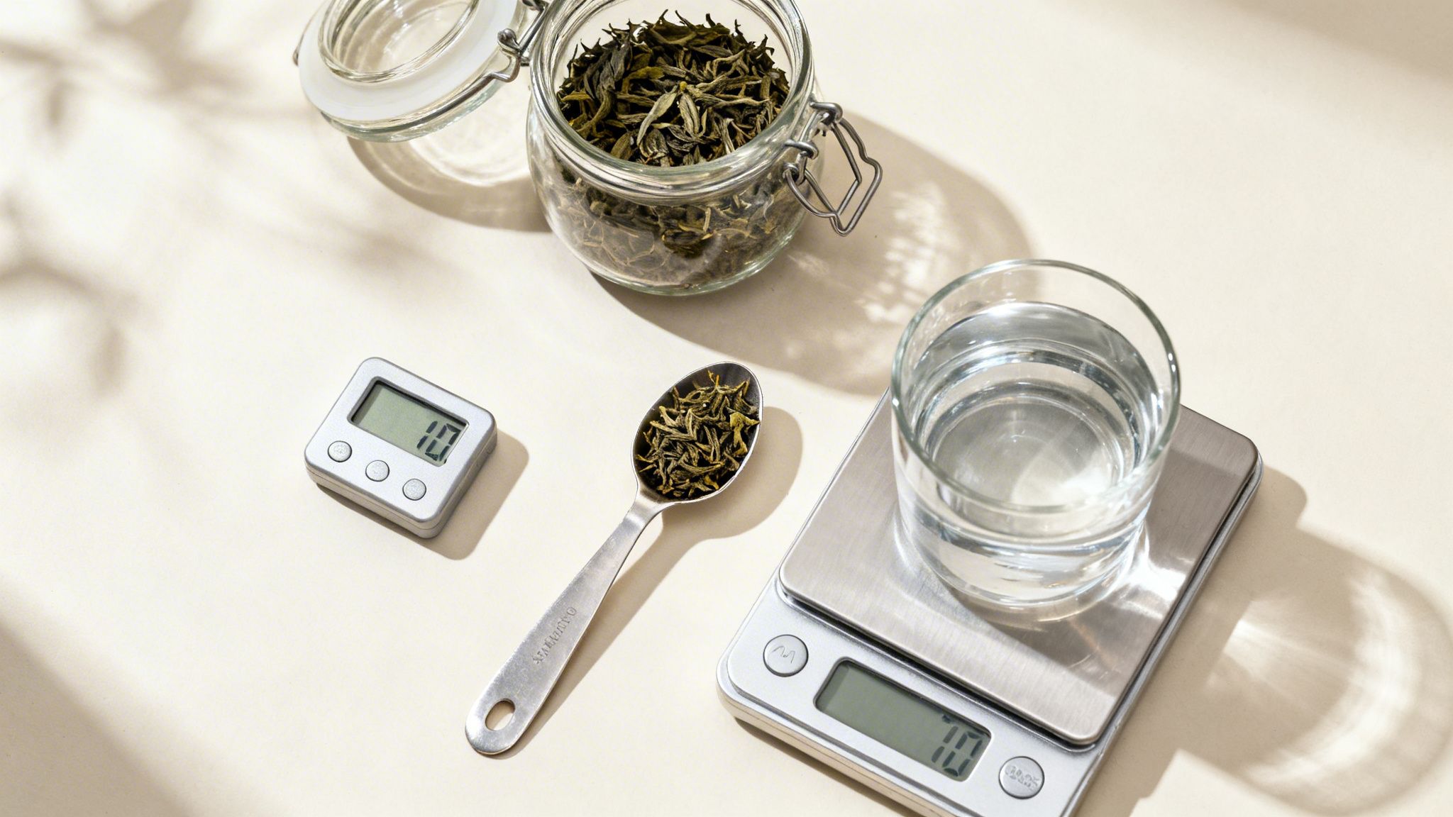Overhead view of green tea leaves in a jar and spoon, timer, and water on a scale.