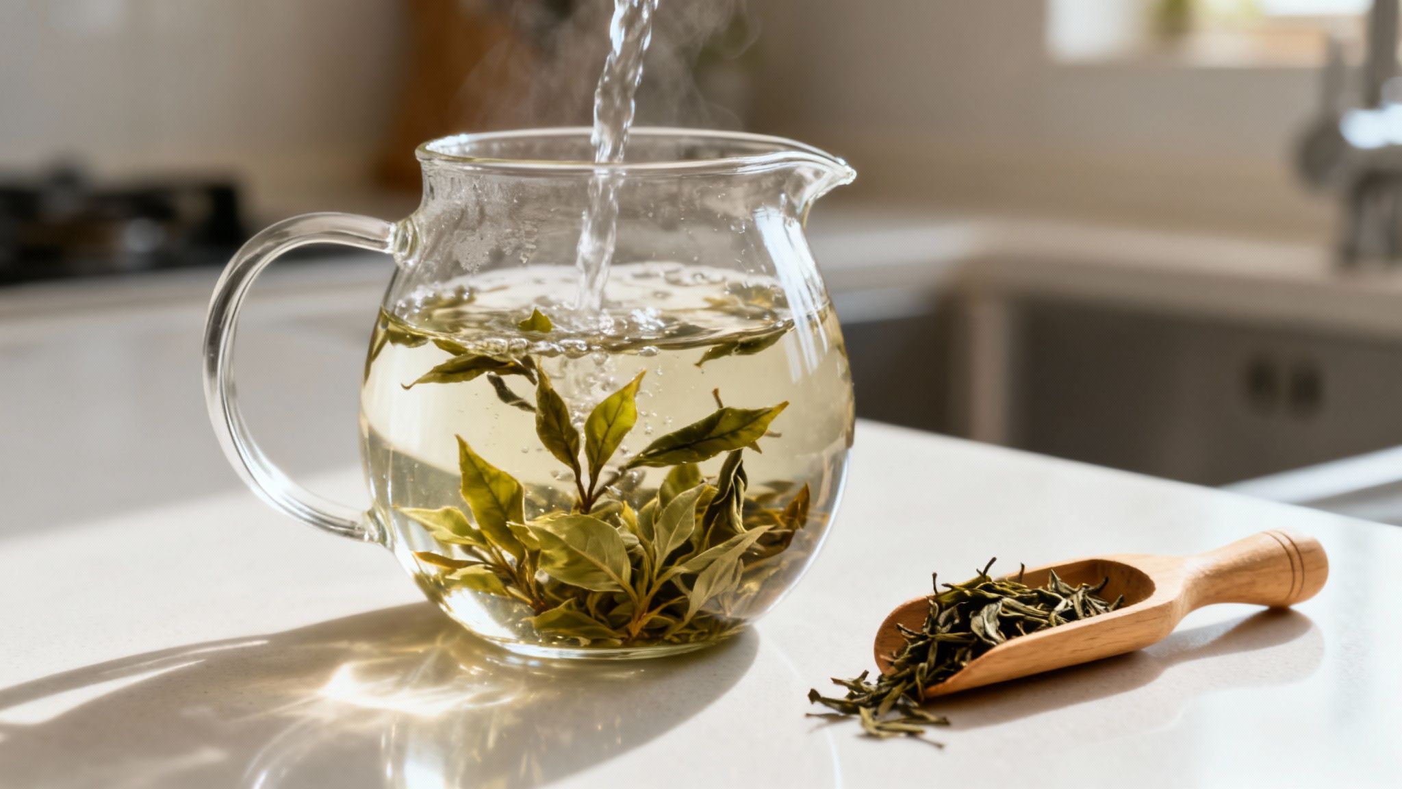 A person pouring hot water from a kettle into a glass teapot containing an infuser with organic loose tea leaves.
