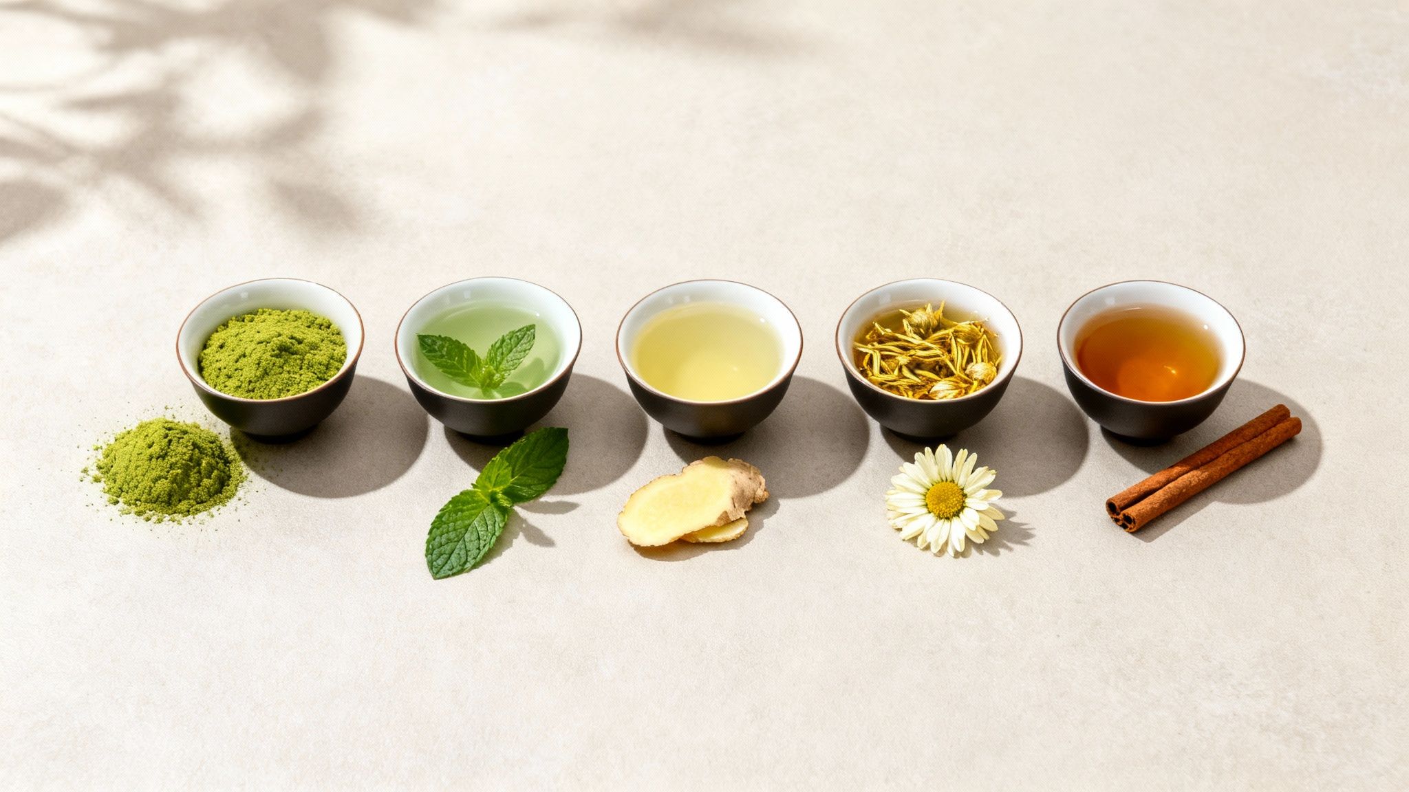 Five bowls of different herbal teas, including matcha, mint, ginger, chamomile, and cinnamon, on a light background.