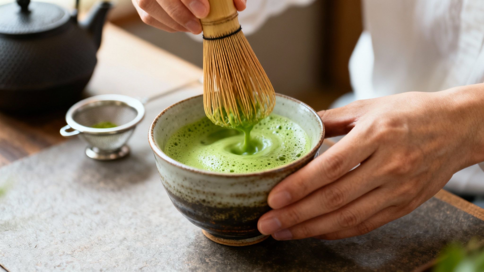 Close-up of hands whisking vibrant green matcha tea in a ceramic bowl with a traditional bamboo whisk.