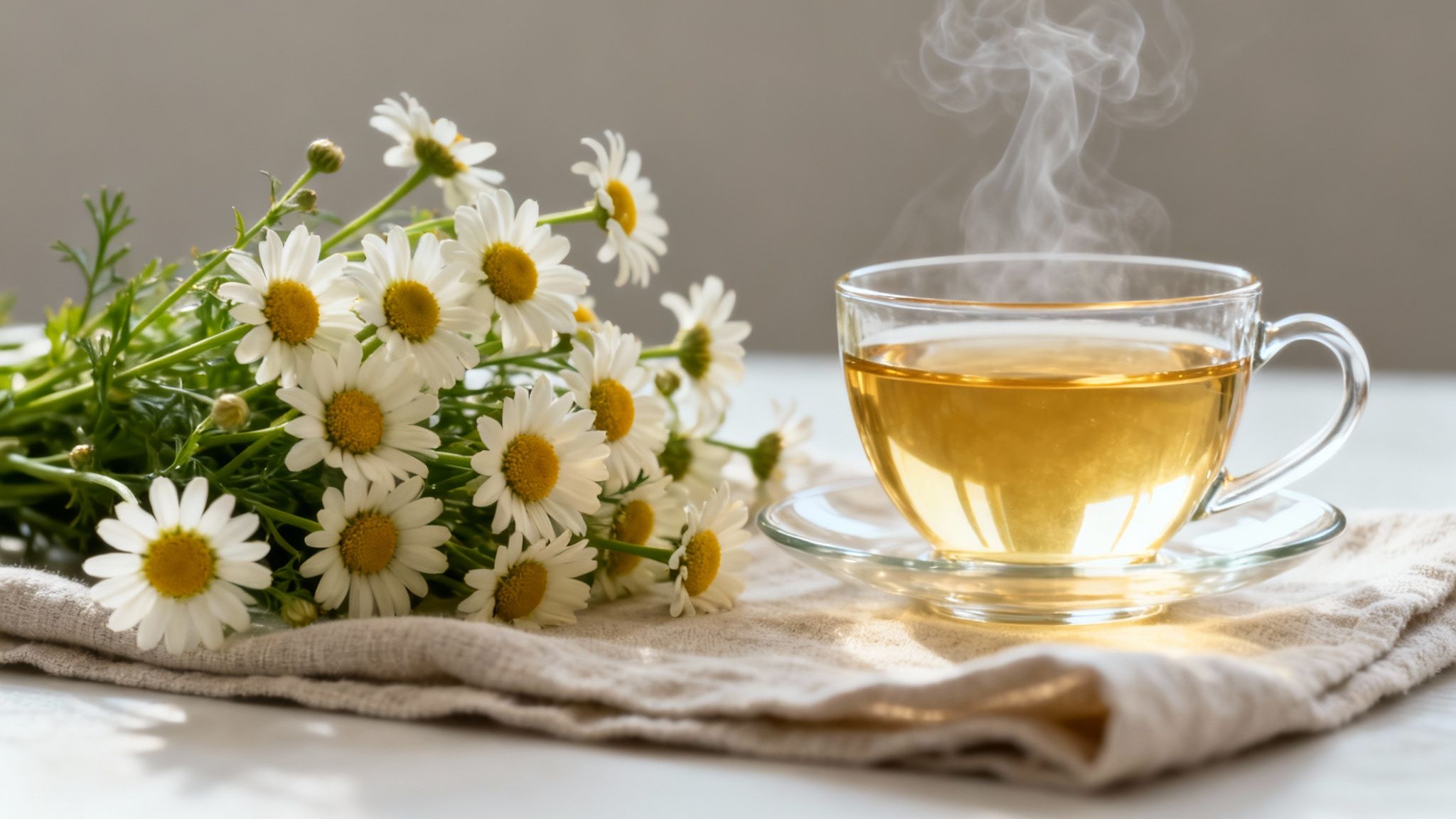 Steaming chamomile tea in a clear glass cup next to a fresh bouquet of white daisies.