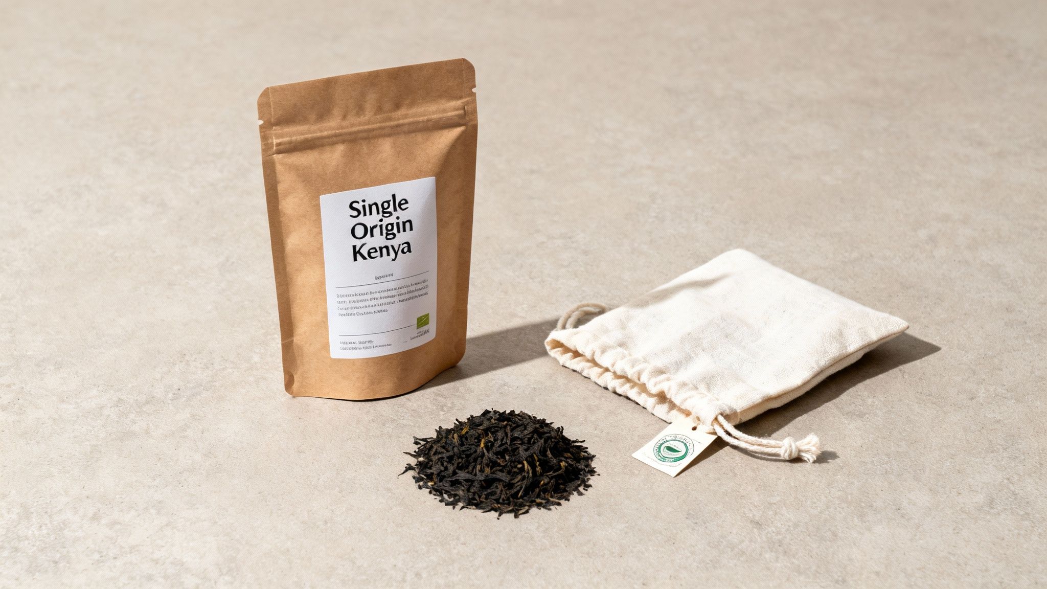 A modern, minimalist kitchen scene with a clear glass teapot of loose-leaf black tea, a smartphone displaying a tea app, and a small plant in the background.