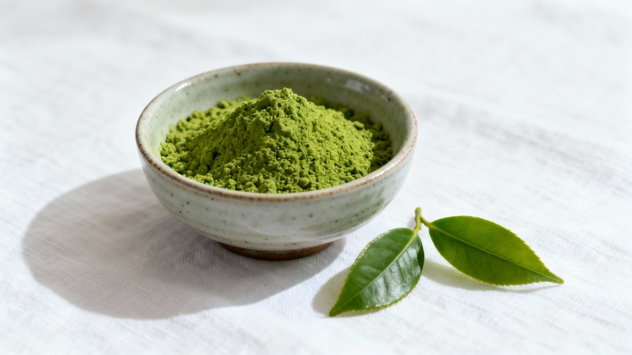 A vibrant bowl of green matcha powder with a traditional bamboo whisk