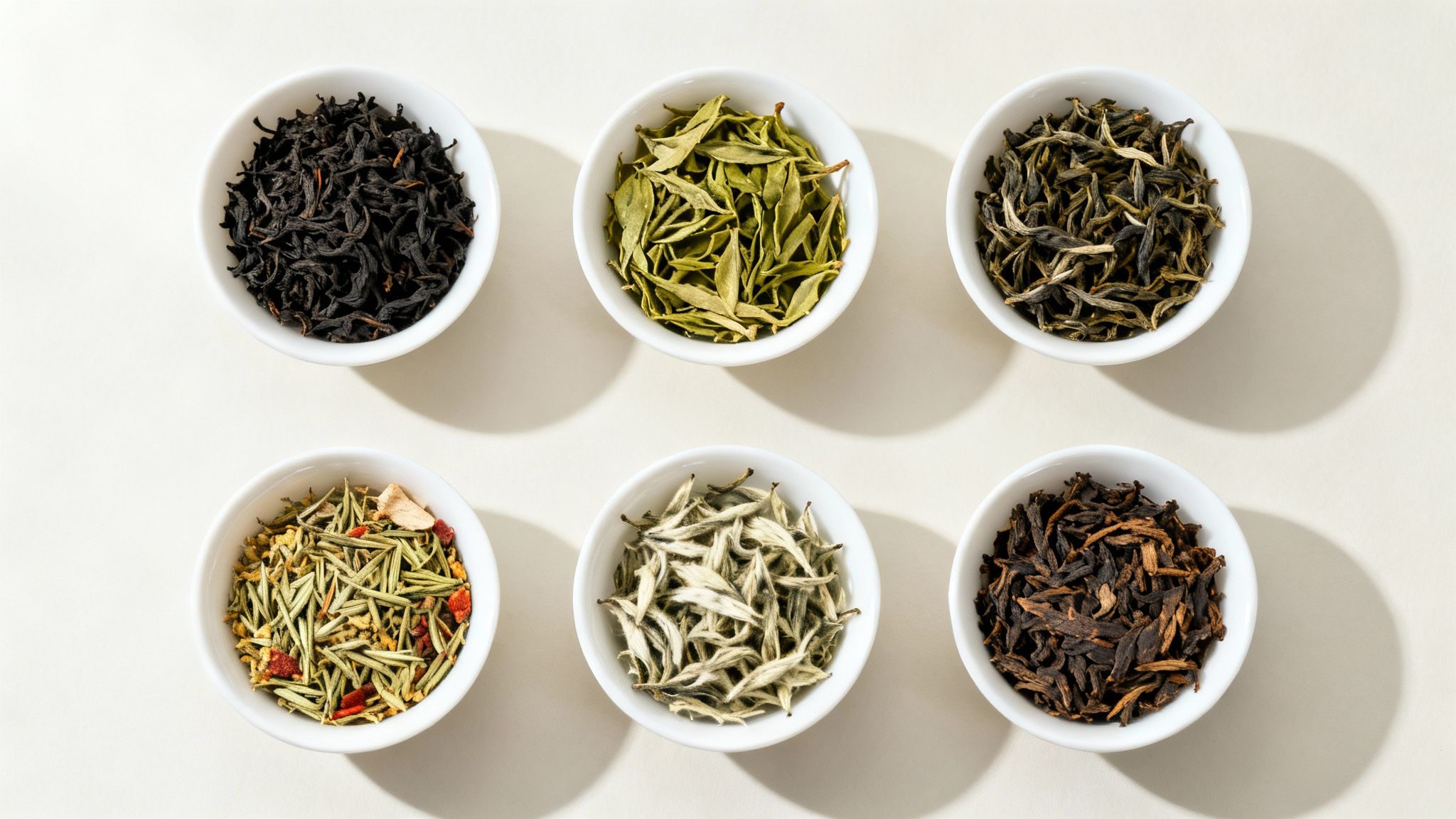 Six white bowls displaying a variety of loose leaf teas, including black, green, white, and herbal blends.