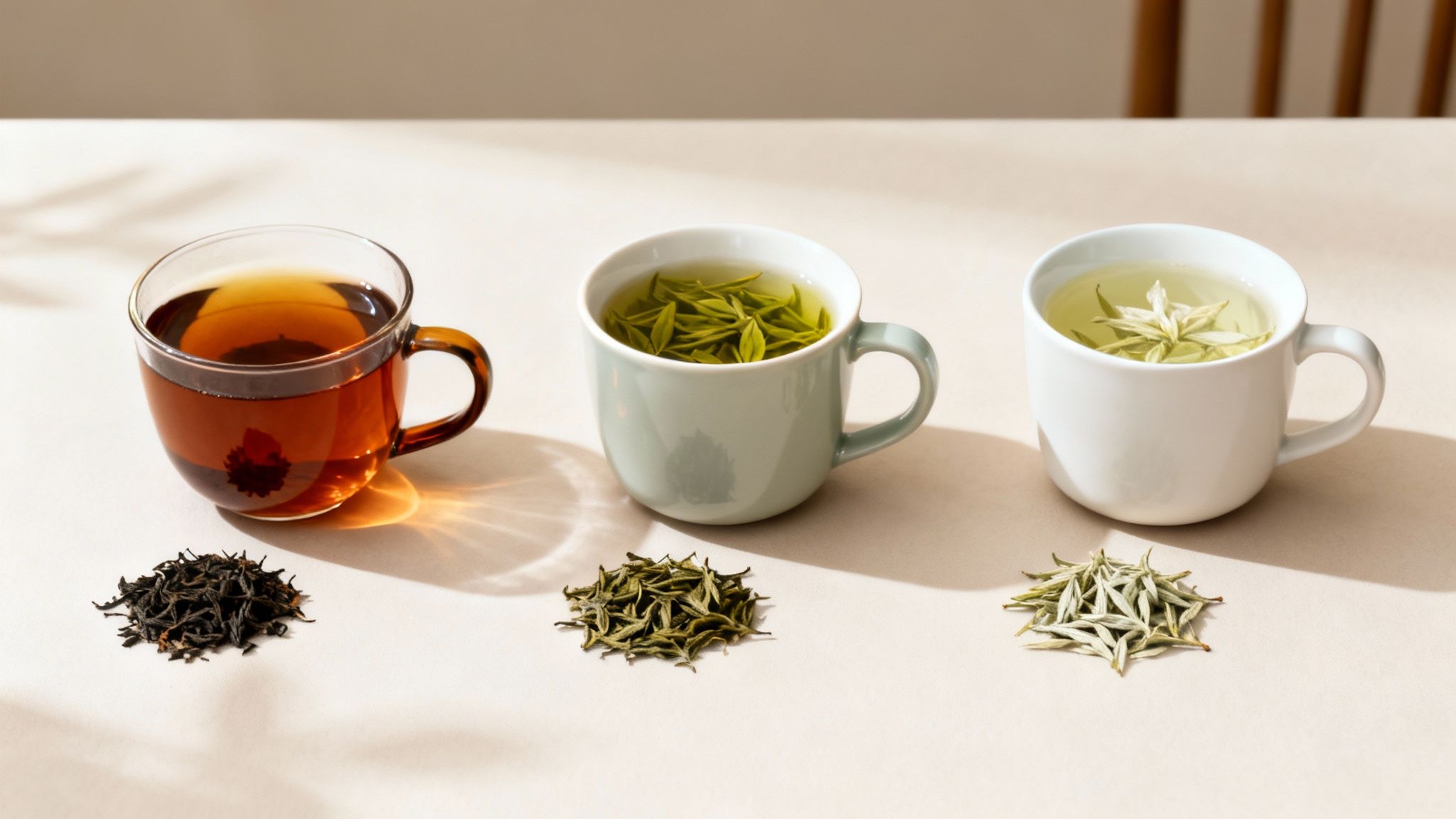 Three distinct types of tea displayed: black, green, and white, both brewed and dry.