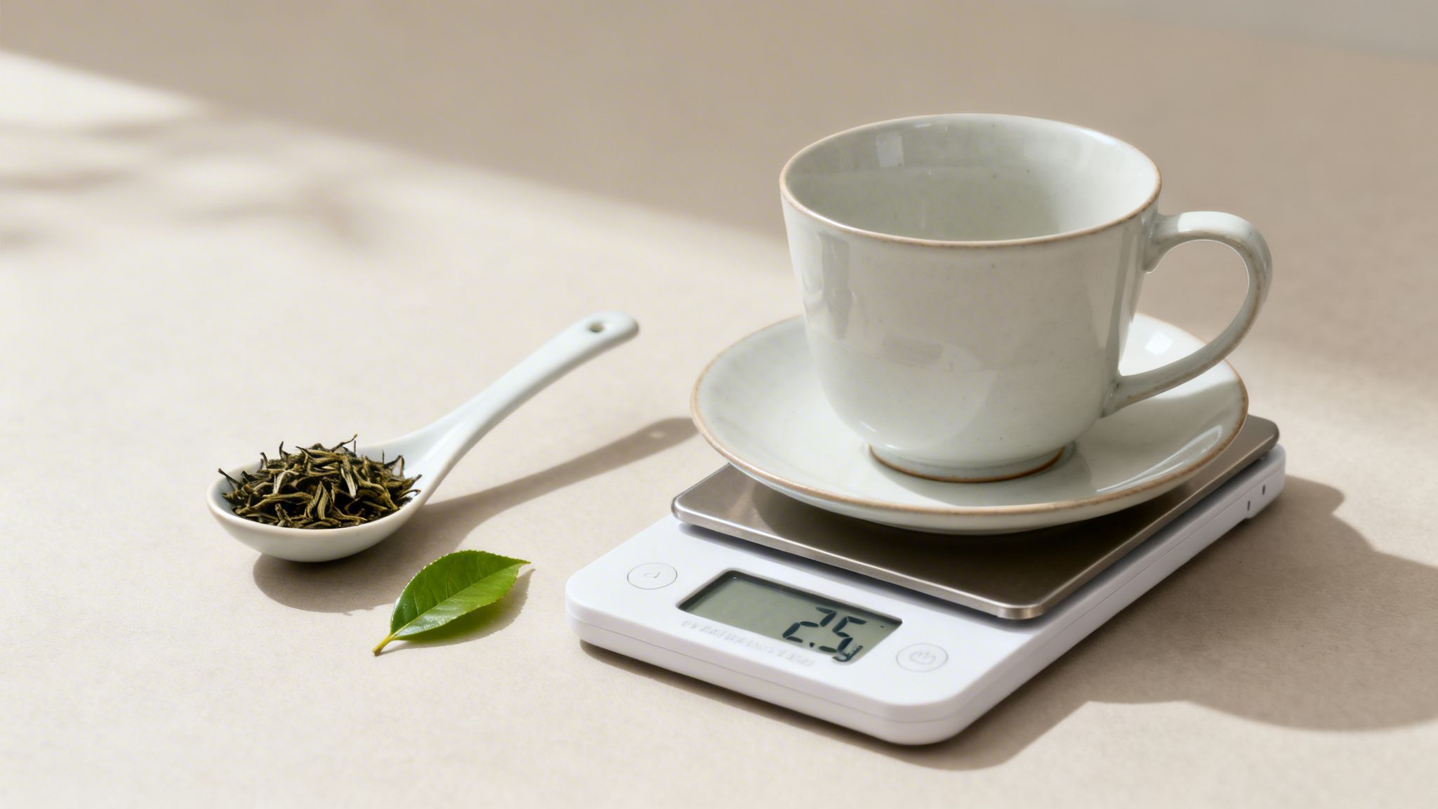 A teacup on a digital scale shows 2.5g, with loose green tea in a spoon and a leaf.