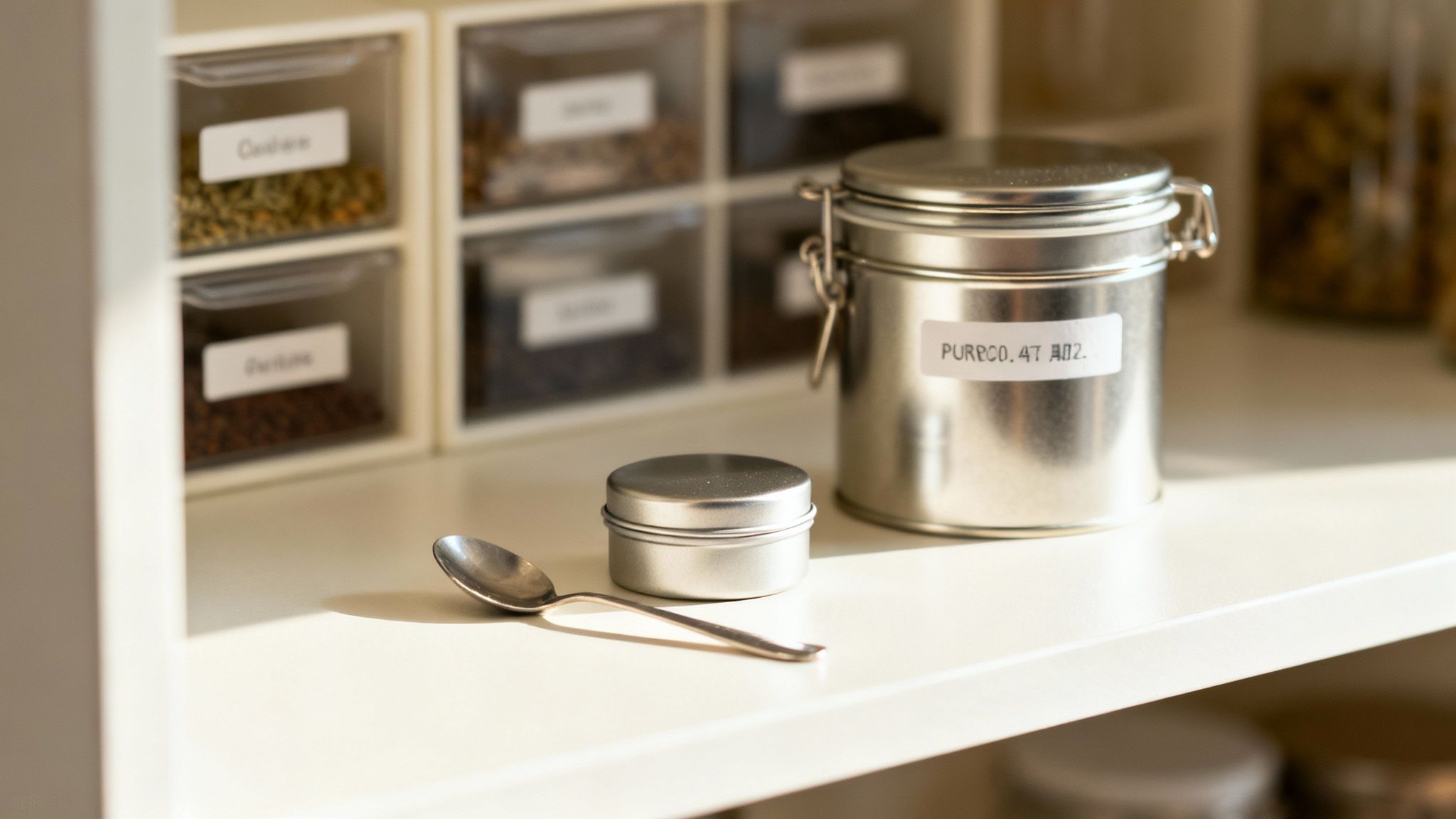 A well-organized pantry shelf displaying metal tea tins, a spoon, and clear drawers filled with loose leaf tea.
