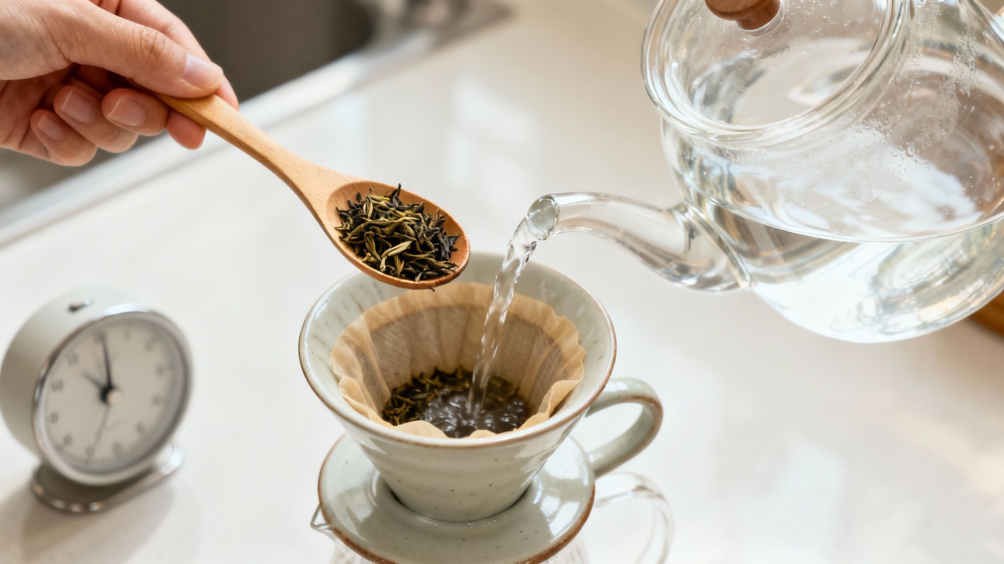 A hand holds a wooden spoon with loose leaf tea while hot water is poured into a tea dripper.