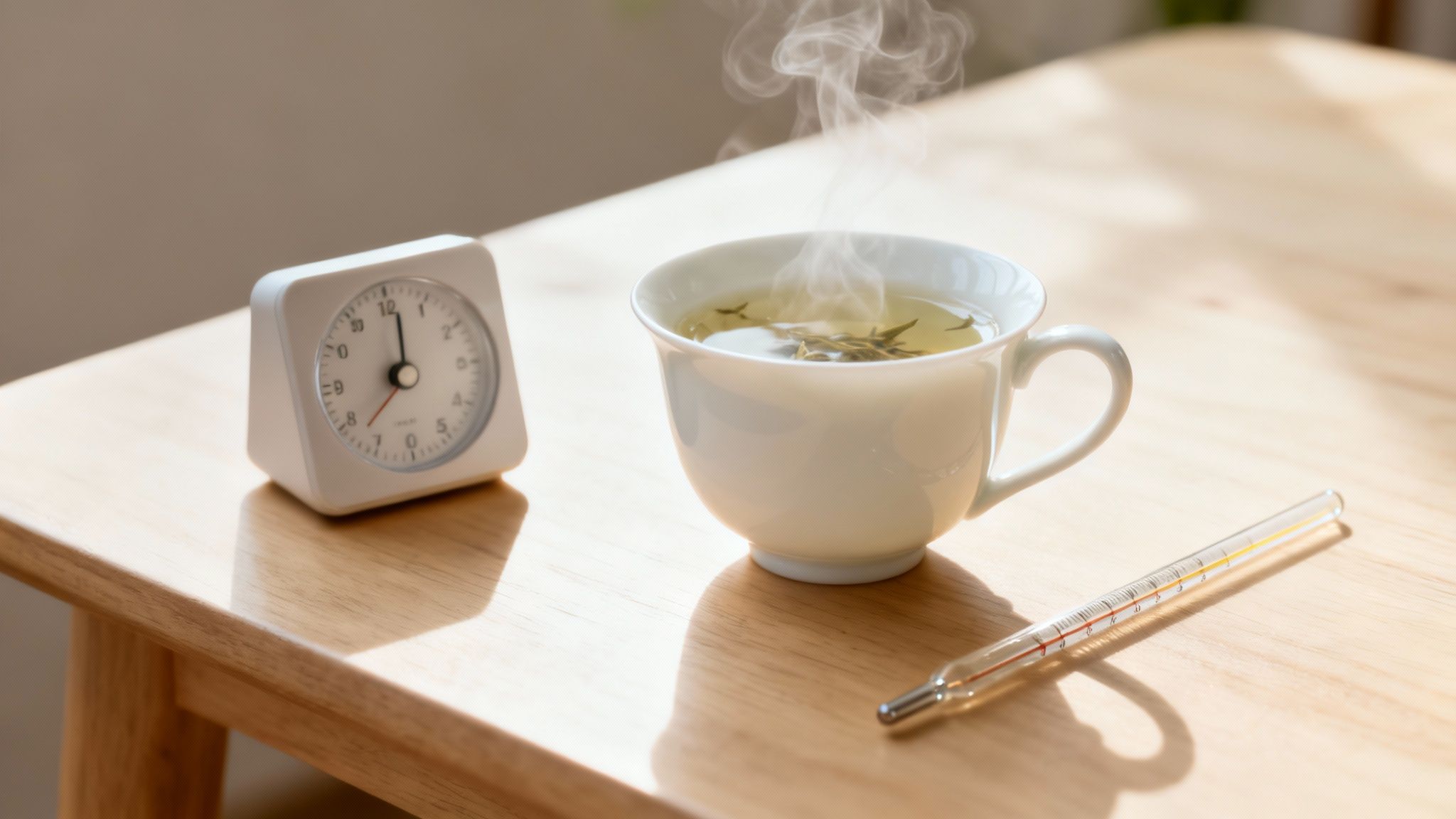 A beautifully arranged cup of white tea with steam rising, alongside brewing equipment.