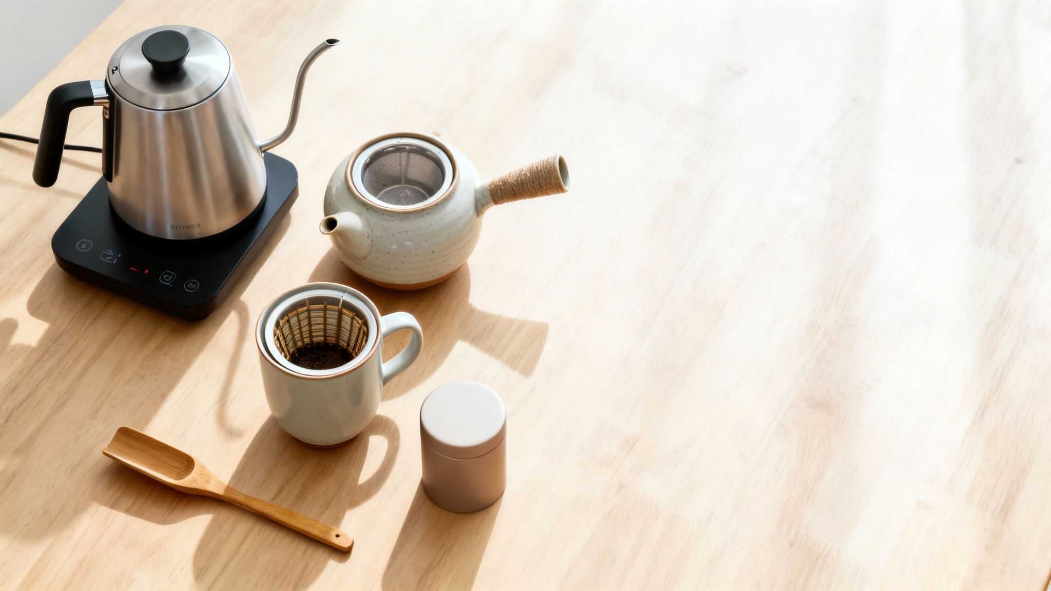 A stylish coffee and tea brewing station with a kettle, teapot, and pour-over on a wooden table.