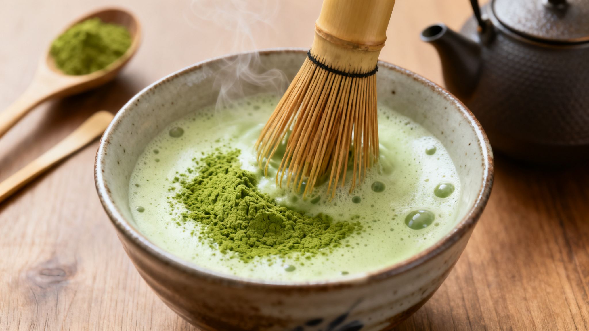 A bamboo whisk blends vibrant green matcha powder into a frothy tea in a ceramic bowl.