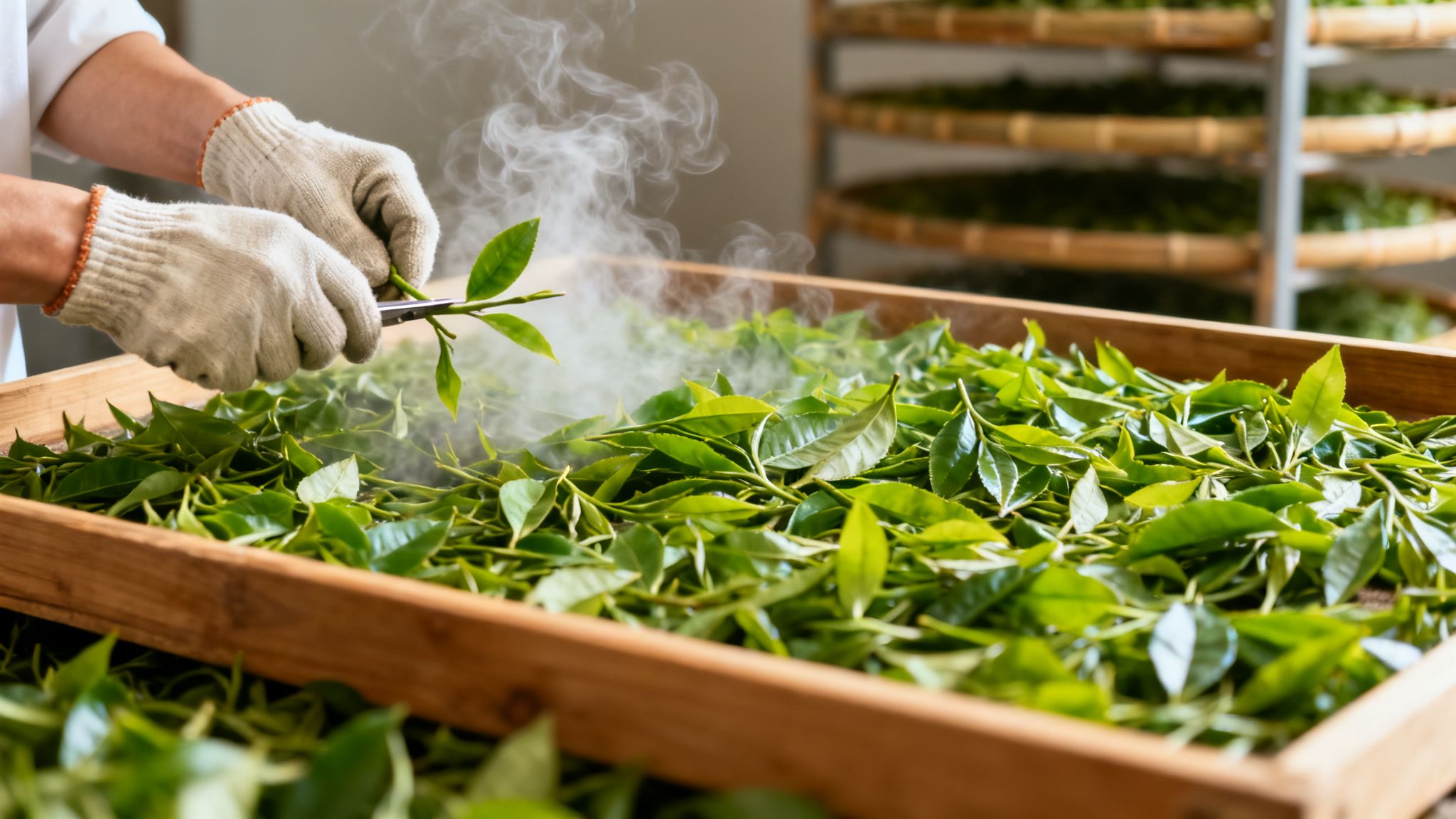 Close-up of hands wearing gloves, steaming fresh green tea leaves in a wooden box.