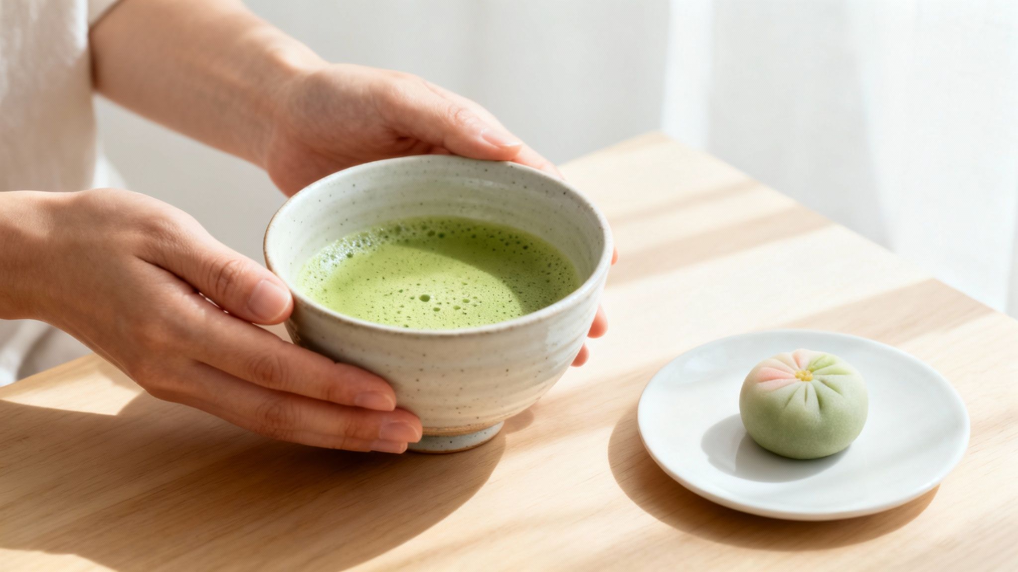 A person holding a traditional chawan bowl filled with frothy matcha.