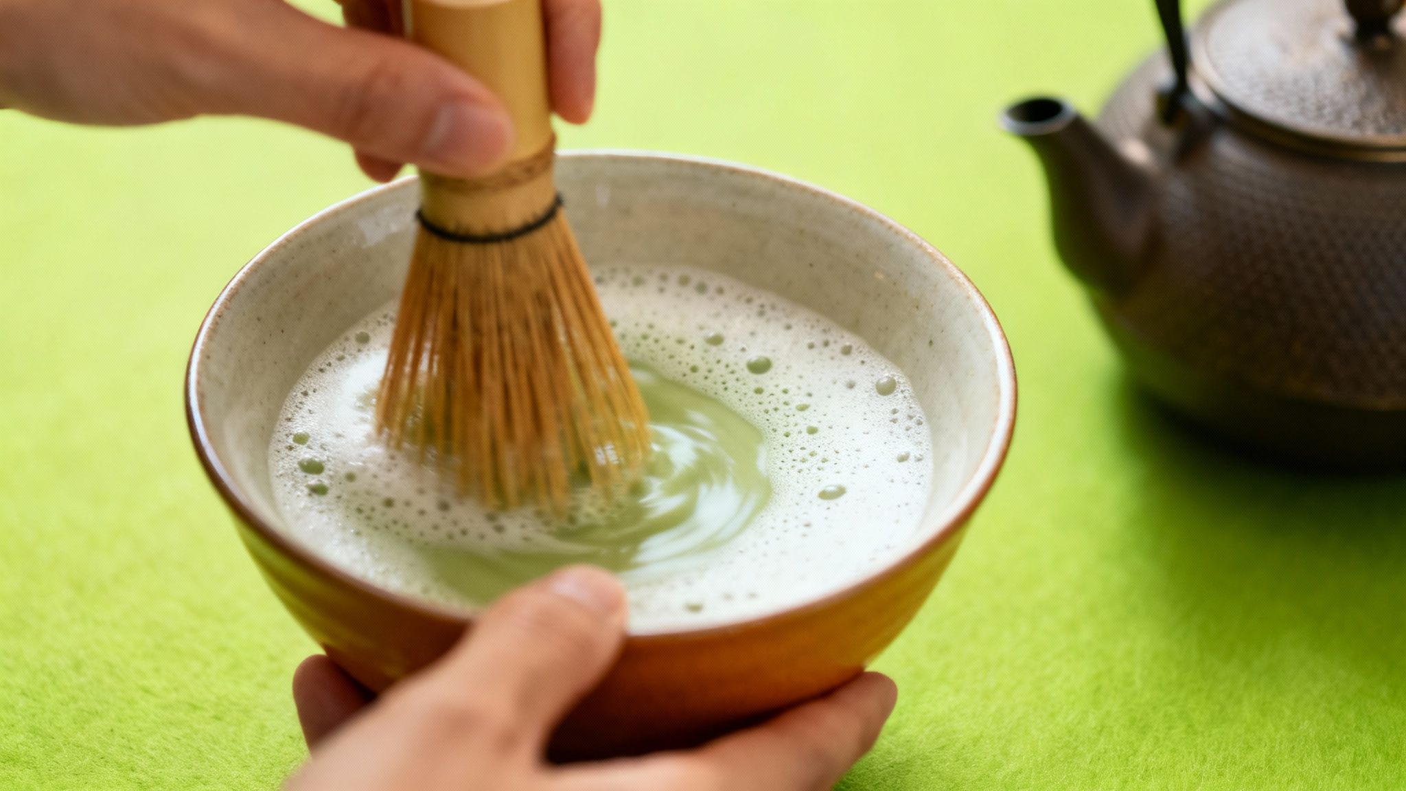Hands whisking bright green matcha tea in a ceramic bowl, with a dark teapot in the background.