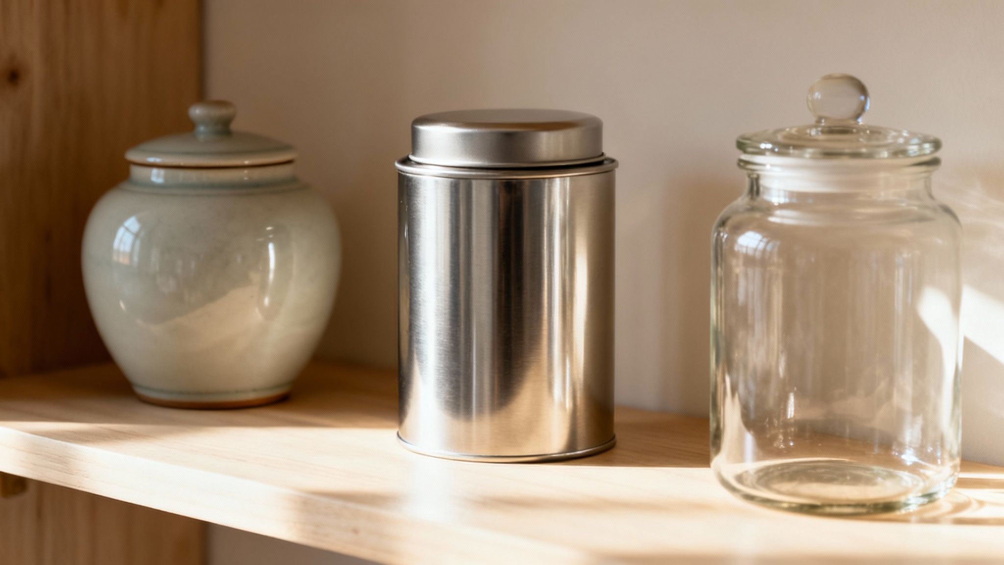 Three empty kitchen storage containers on wooden shelf including ceramic jar, metal tin, and glass jar