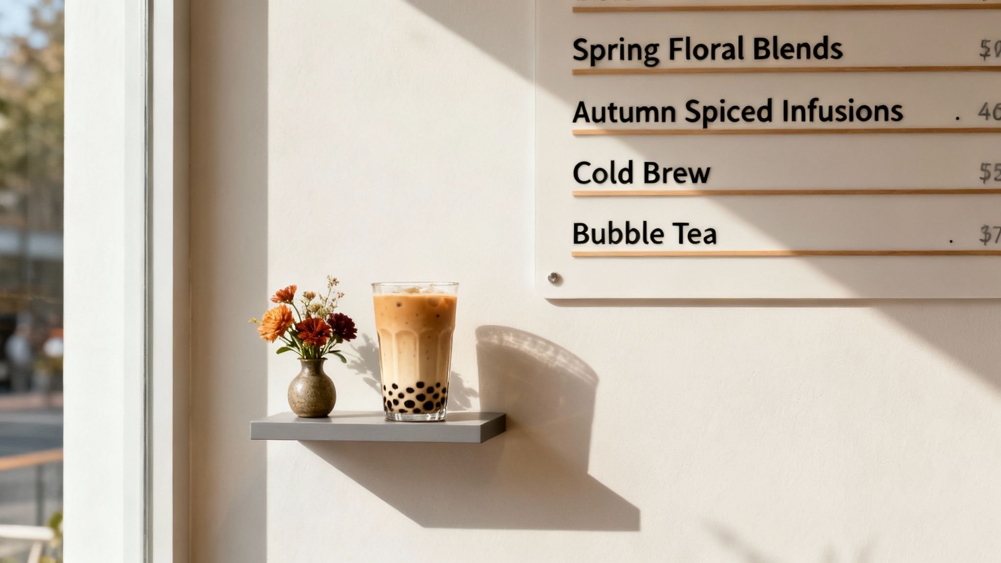 A glass of bubble tea and flowers on a shelf next to a menu board in a sunny cafe.