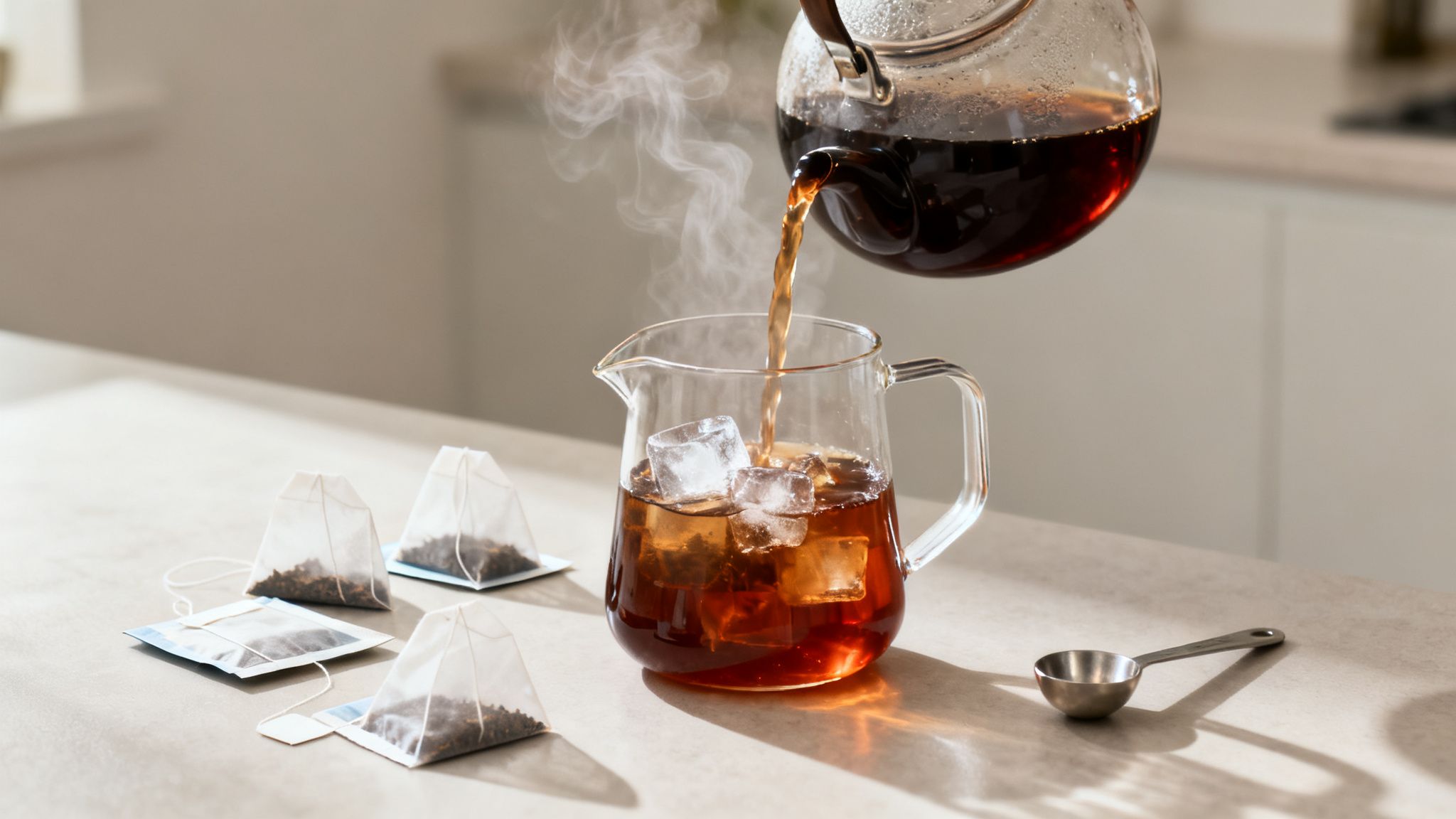 Hot tea is poured from a glass teapot into a pitcher with ice, next to several tea bags.