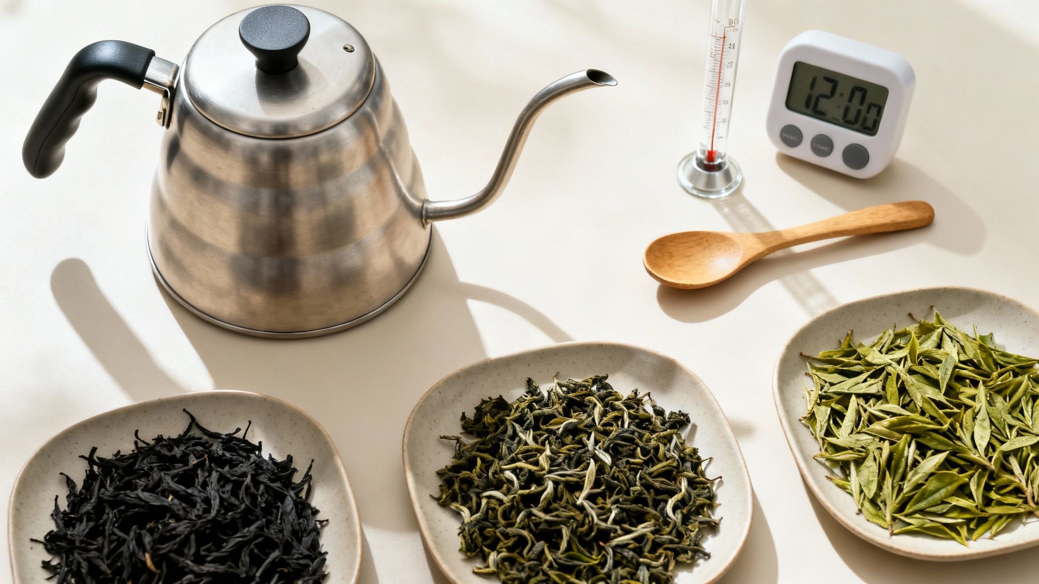 A flat lay of tea brewing essentials: gooseneck kettle, timer, thermometer, and three varieties of loose-leaf tea.