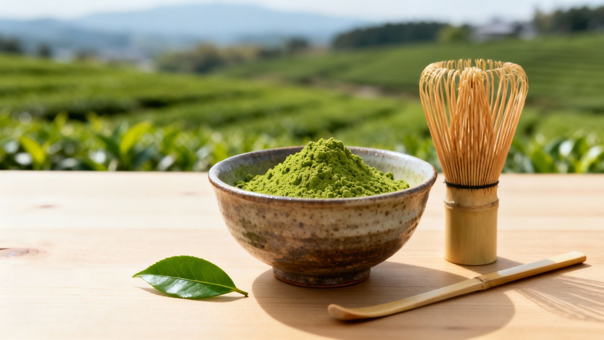 Matcha green tea powder, bamboo whisk, scoop, and tea leaf on a wooden table in a tea plantation.