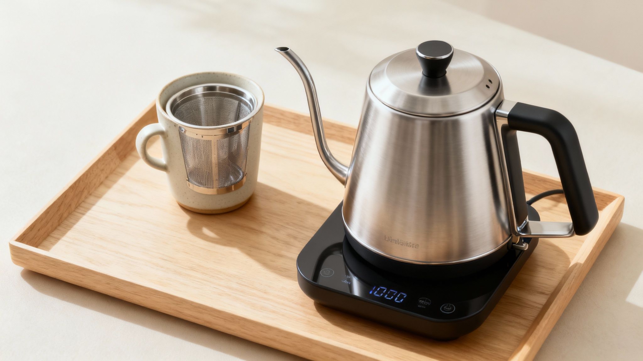 An elegant tea strainer rests over a cup, ready for brewing.
