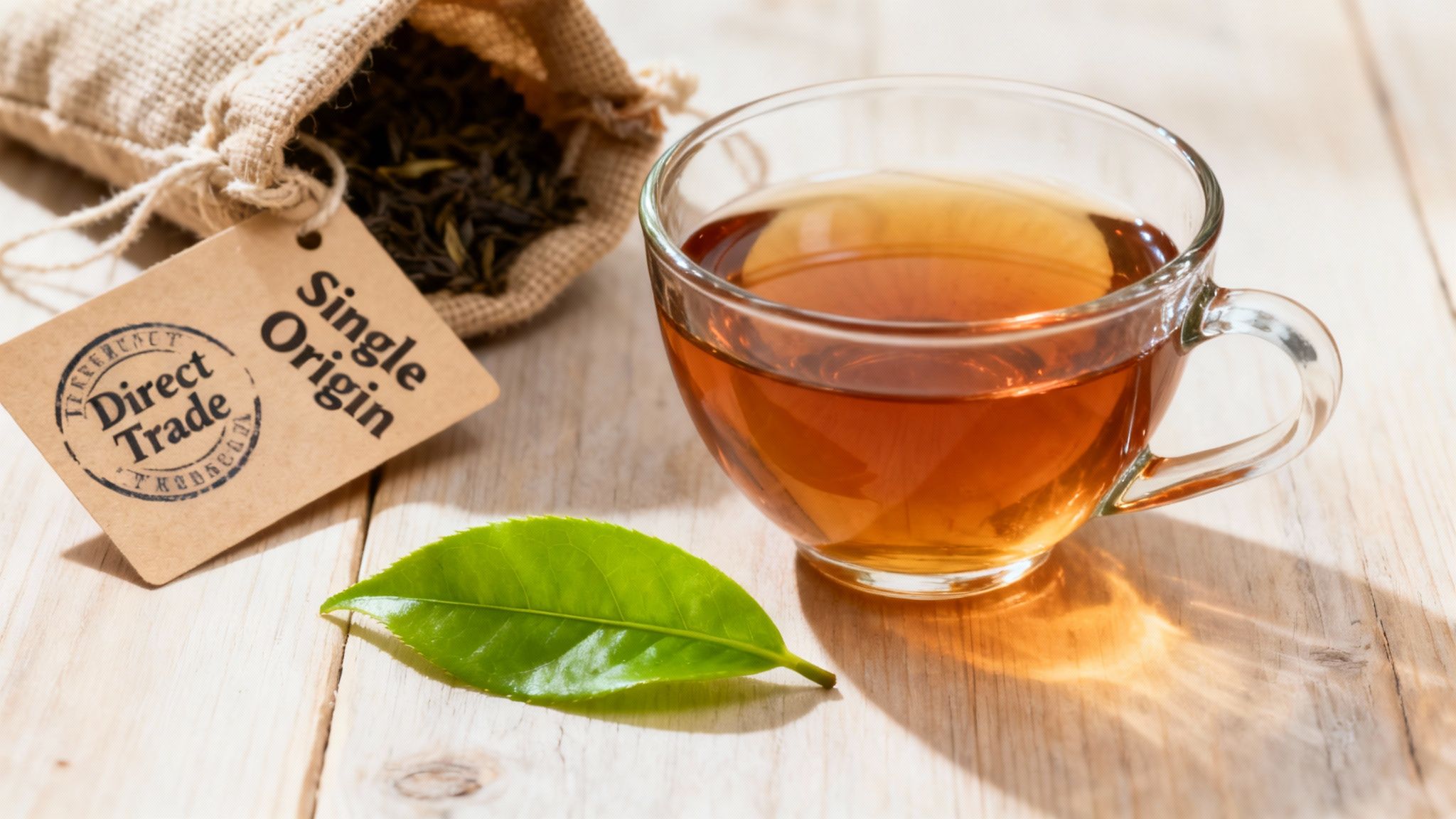 A person's hands holding a handful of fresh, vibrant green tea leaves, with a lush tea plantation in the background.