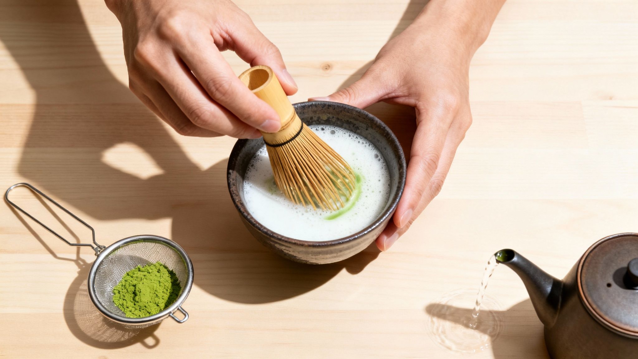 Person's hands whisking green matcha tea in a dark bowl with a bamboo whisk on a wooden table.
