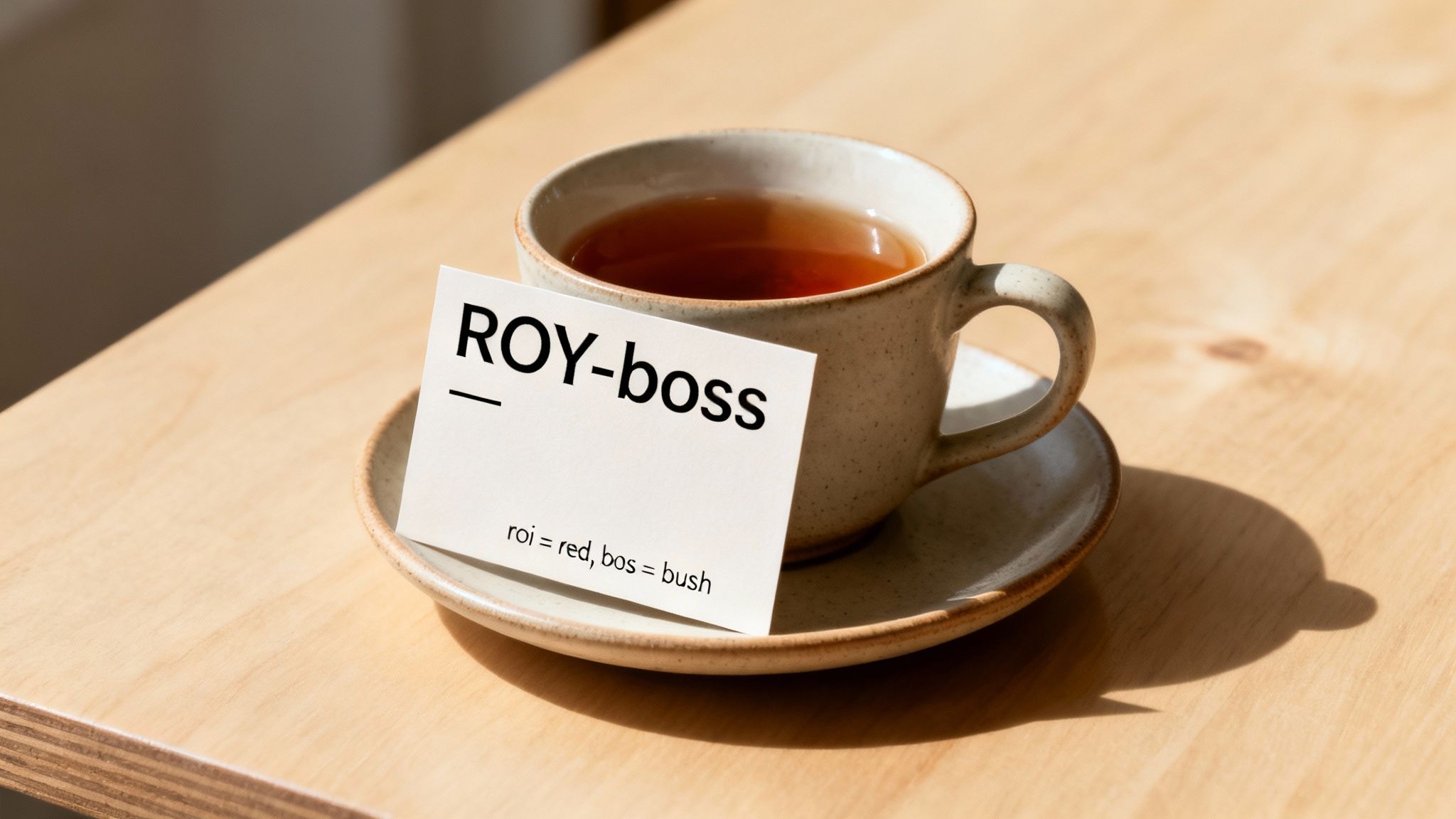 A cup of red rooibos tea placed next to loose-leaf tea leaves and a small wooden scoop.